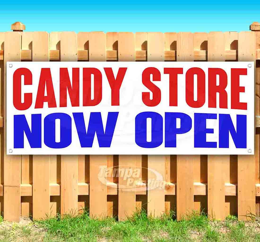 13 oz Heavy-Duty Vinyl Candy Store Now Open Banner - Single-Sided with Metal Grommets | Durable Non-Fabric Sign for Grand Opening, Store Promotion & Sweet Shop Decor