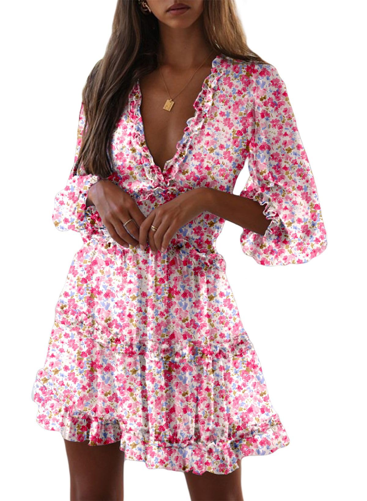 Dokotoo Women's 2025 Spring Summer Floral Mini Dress - Deep V Neck, Long Sleeve, Backless & Ruffle Design for Cocktail Parties, Date Nights & Beach Vacations