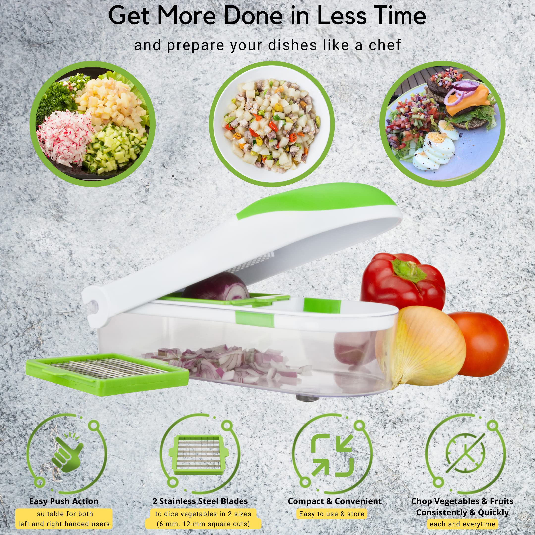 Brieftons QuickPush Food Chopper - 2-in-1 Vegetable & Fruit Dicer for Onion, Tomato, Potato - Includes 2 Dicing Blades & 5 Free Recipe Ebooks - Perfect for Meal Prep, Salad Making & Quick Cooking