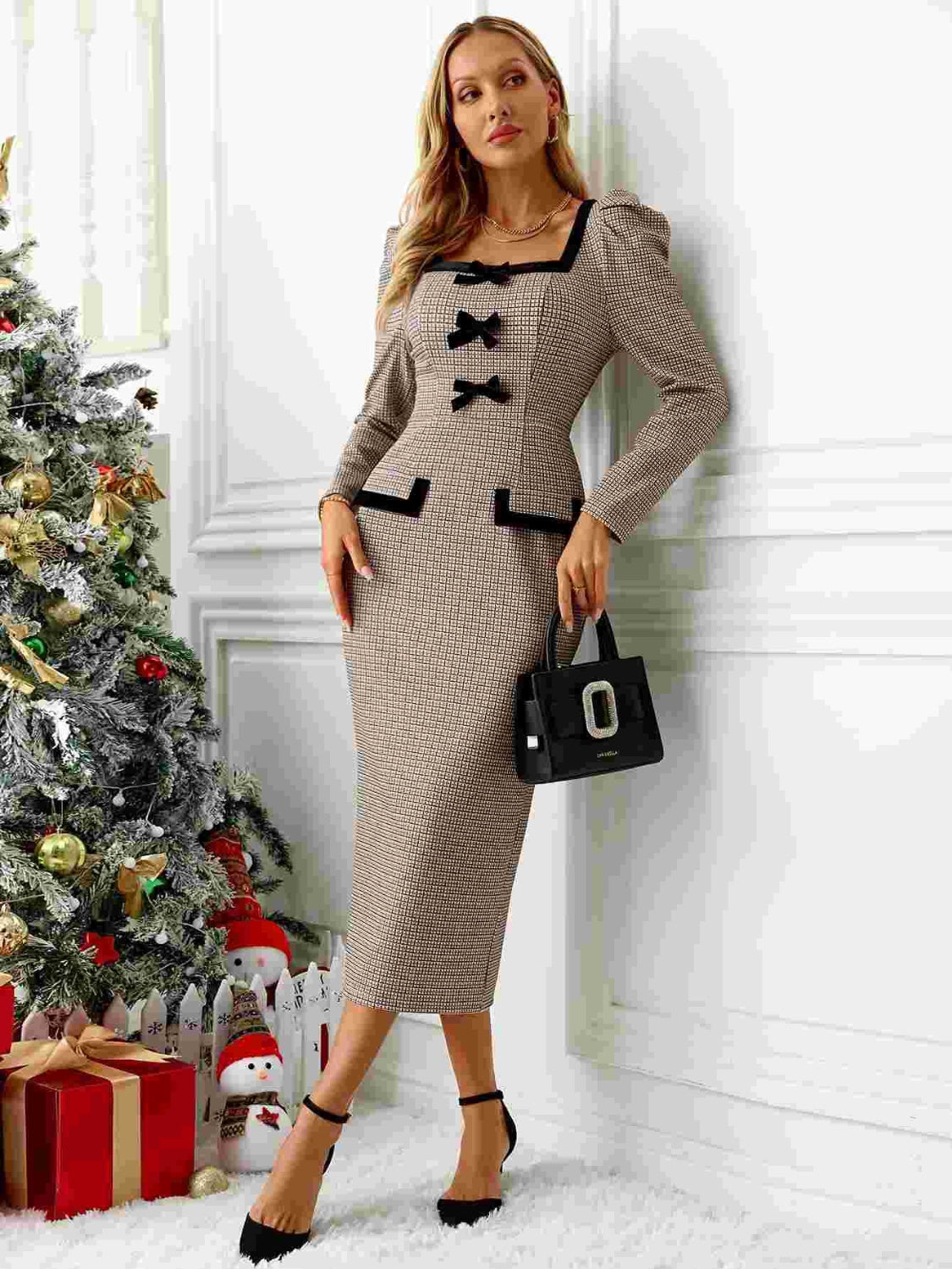 Elegant Bow Plaid Square Neck Puff Sleeve Dress for Women | Vintage-Inspired Floral Print Party Dress | Perfect for Weddings, Dates & Special Occasions