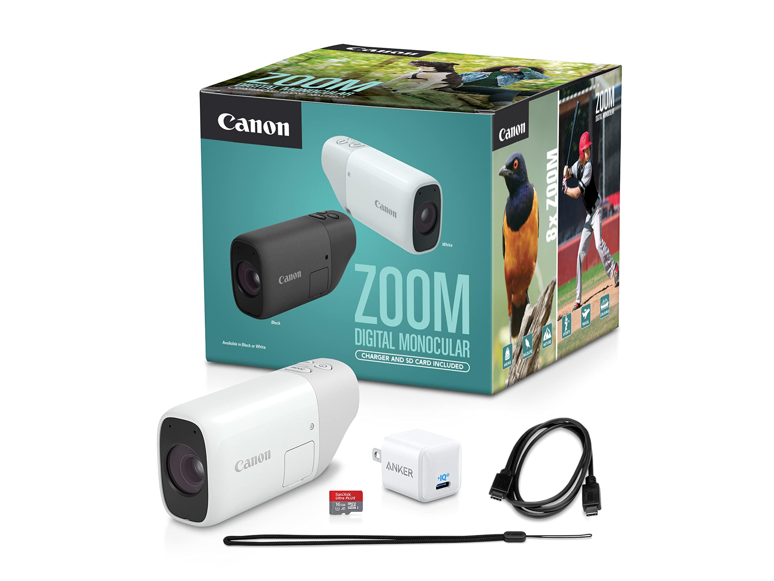 Canon PowerShot Zoom Digital Monocular with 400mm Optical Zoom & 800mm Digital Zoom - USB-C Charger & microSD Card Included - Perfect for Bird Watching, Wildlife Observation, Sports Events, Travel Photography, and Outdoor Adventures (White)