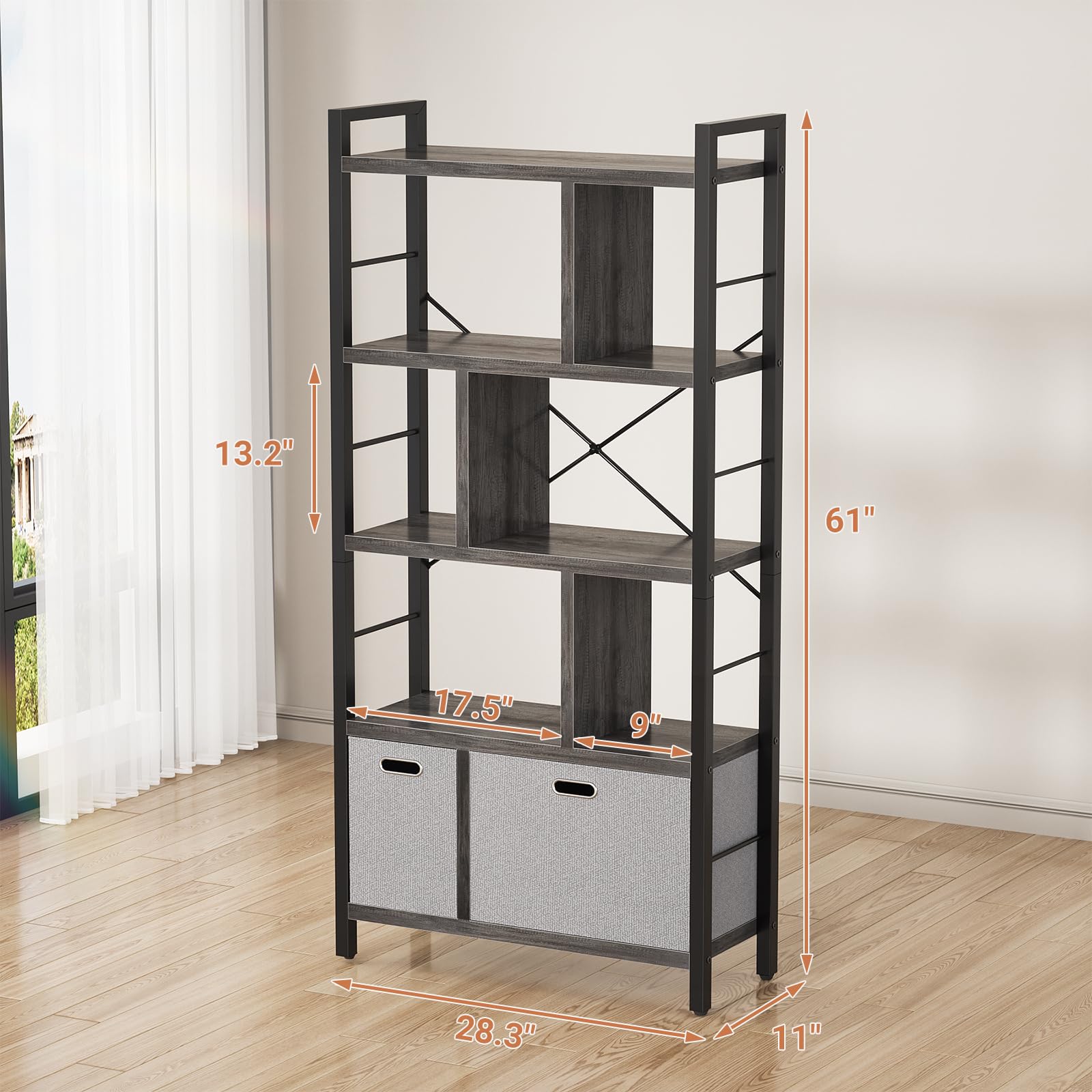 Armocity 5-Tier Tall Bookshelf with Drawers - Wood & Metal Bookcase for Living Room, Bedroom & Office Storage
