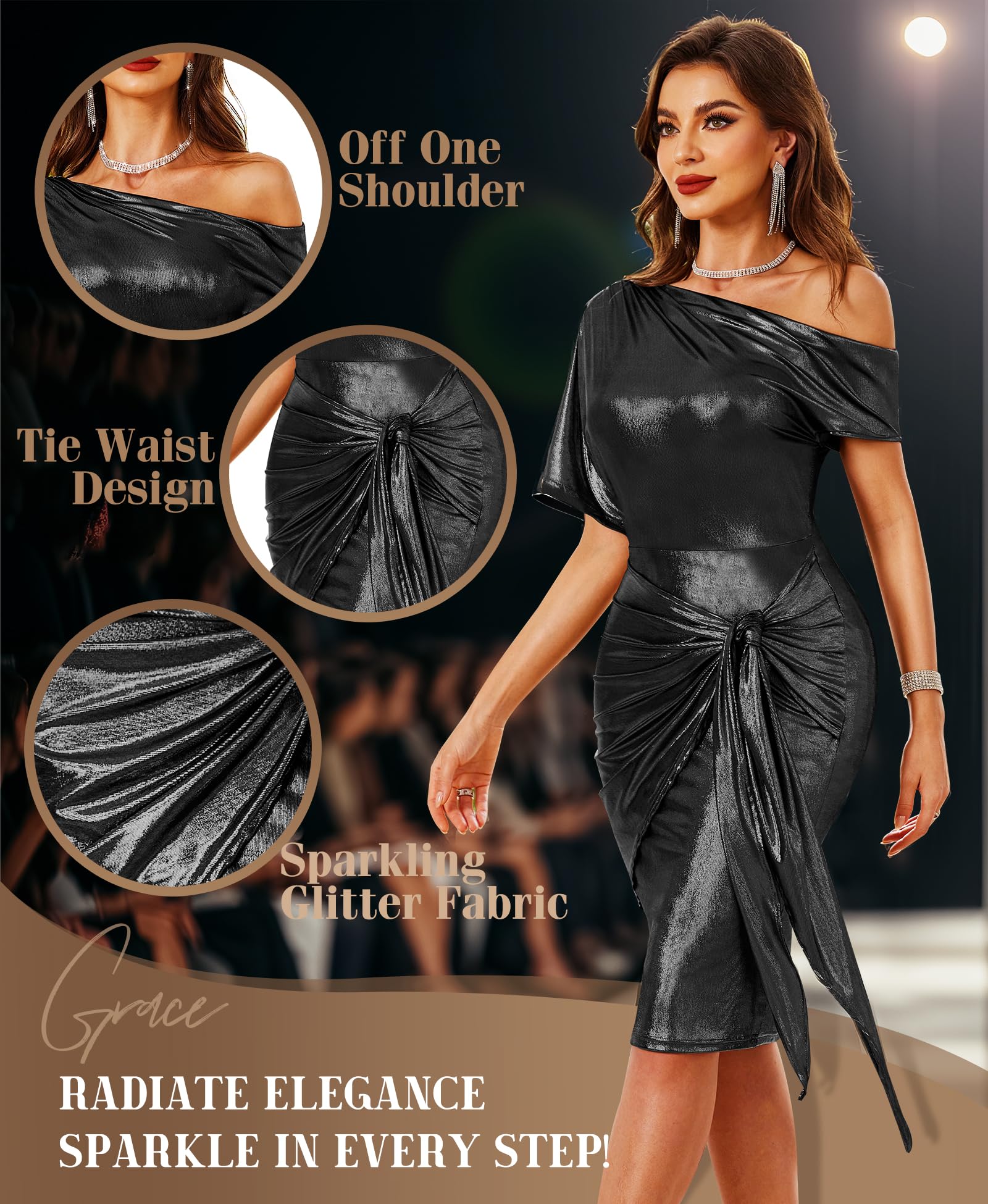 VIDUSSA Sparkly Glitter Party Dress for Women - One Shoulder Ruched Cocktail Dress with Tie Waist | Perfect for Night Out, Club, Prom, Wedding Guest & Special Occasions