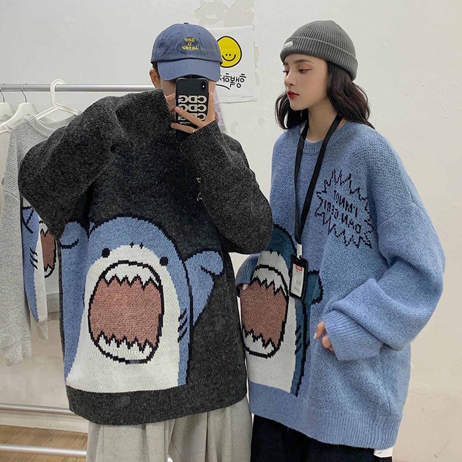 Korean Cartoon Shark Sweater for Men & Women - Loose Fit Casual Pullover - Perfect for Anime Fans, Streetwear & Cozy Winter Outfits