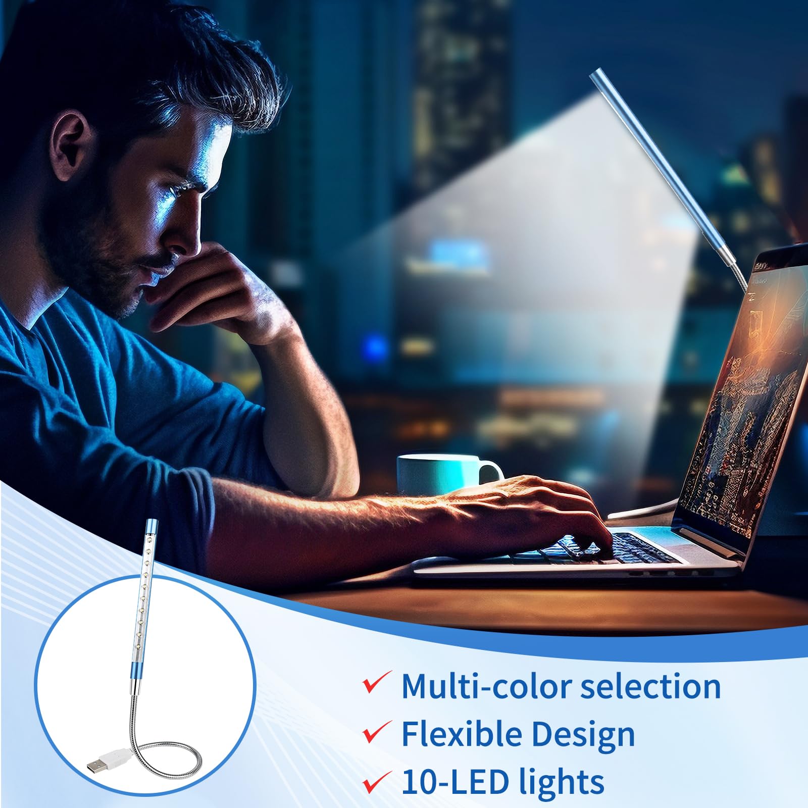Portable USB LED Keyboard Light with 10 Lamp Beads, Flexible Gooseneck Design for Laptop, Reading, and Nighttime Typing, Blue (No Touch Switch, 1 Pcs) - Ideal for Home Office, Study, and Gaming