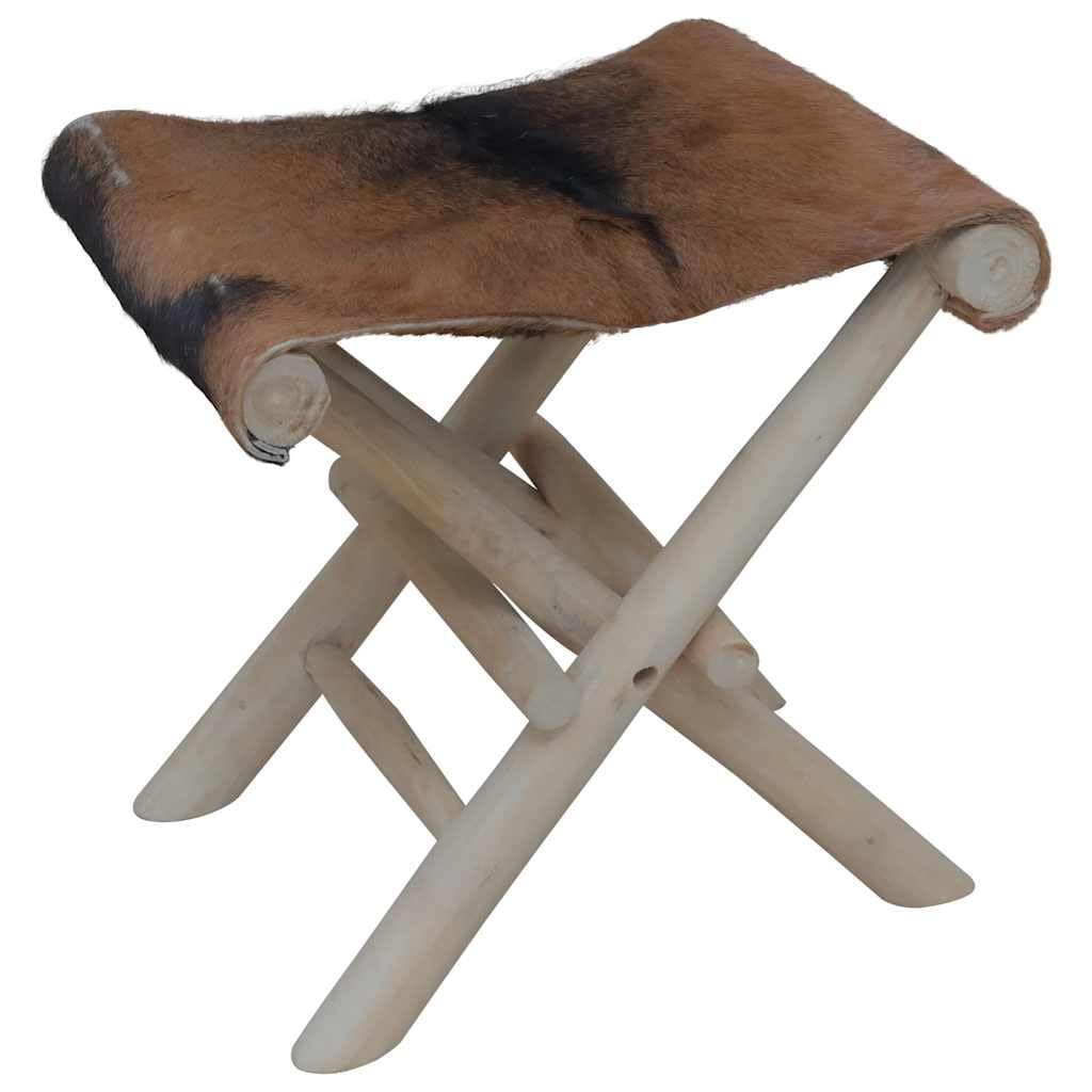 Premium Folding Stool with Genuine Goat Leather & Solid Teak Wood Frame - Rustic Modern Compact Chair for Home, Office, Camping & Outdoor Use