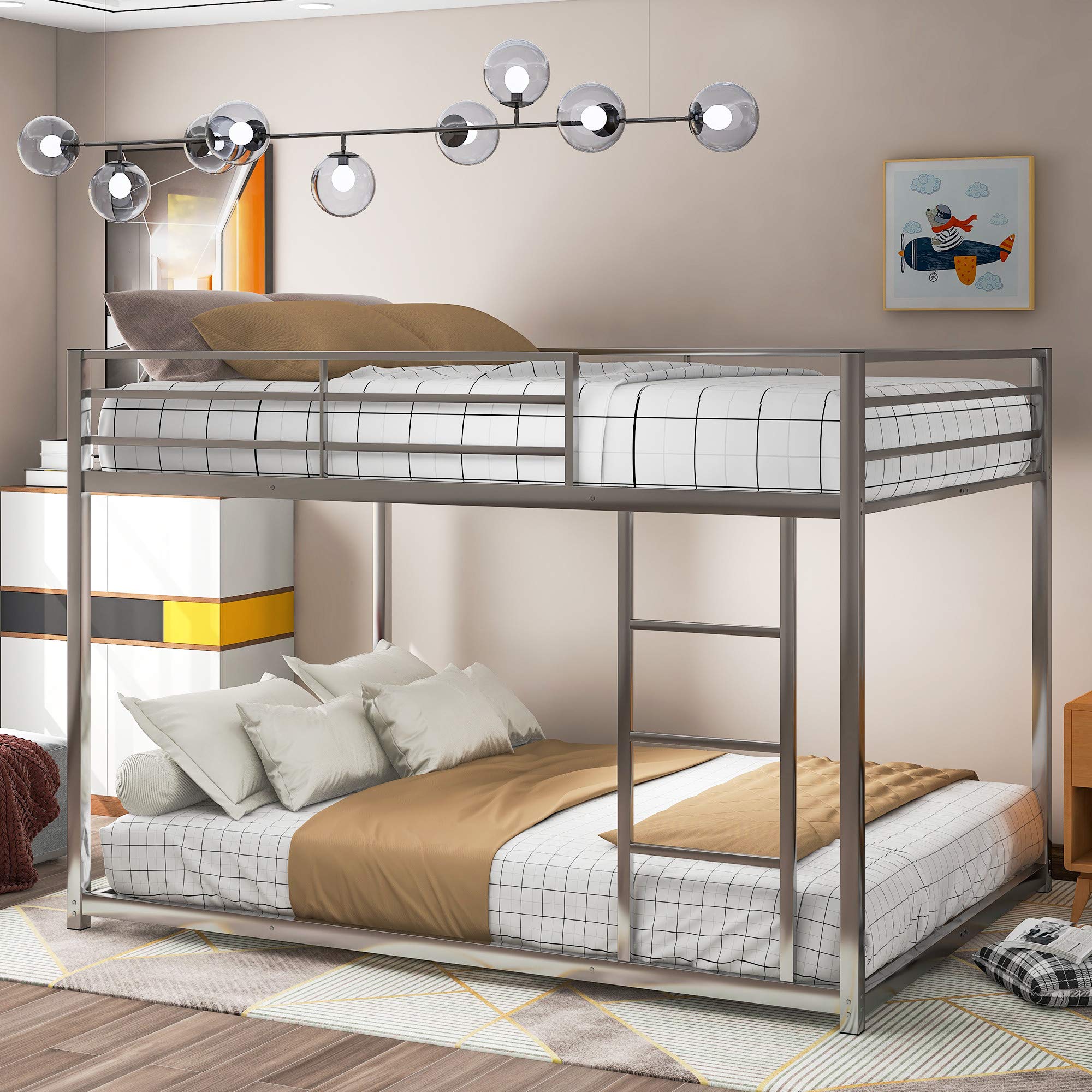 Full Over Full Metal Bunk Bed with Safety Guardrails & Ladder - Space Saving 2-in-1 Bed Frame for Kids/Teens/Adults - No Box Spring Needed (Silver) - Perfect for Small Bedrooms, Dorms & Guest Rooms