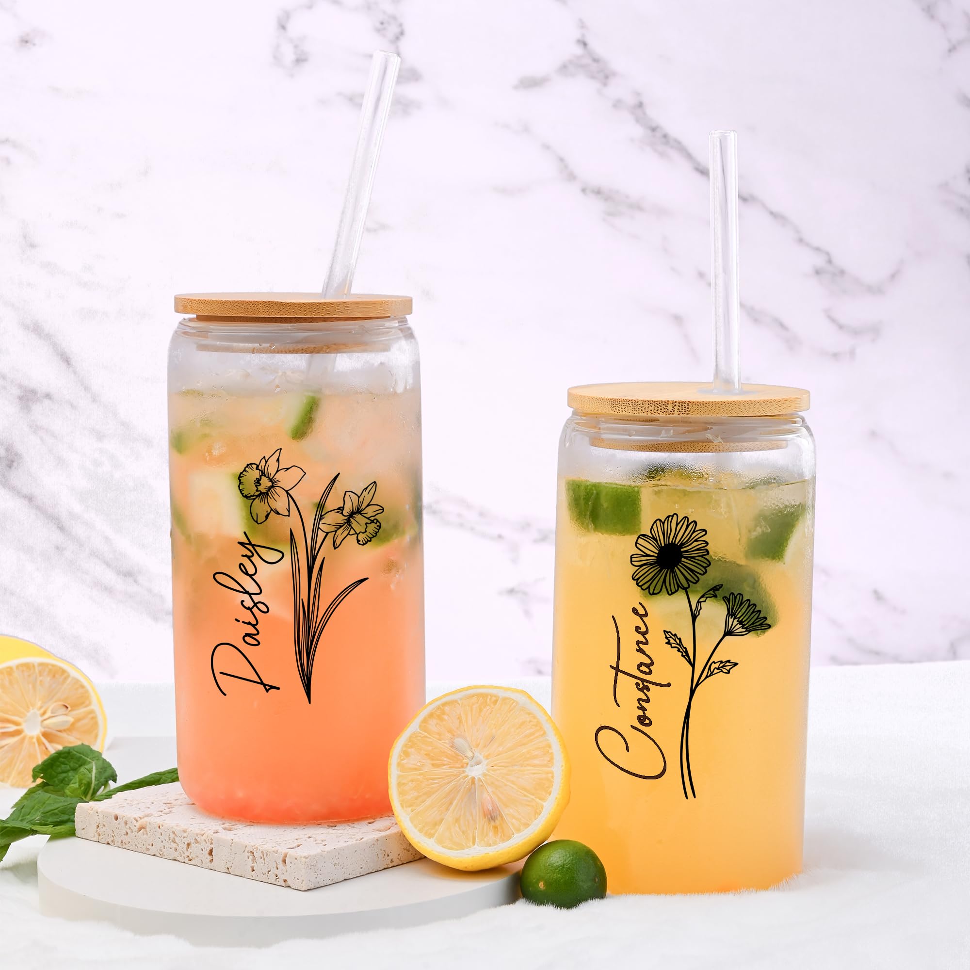 Personalized 16 Oz Glass Tumbler with Straw & Lid - Custom Name & Birth Month Flower Design - Ideal for Iced Coffee, Water & Smoothies - Perfect Gift for Women, Mom, Teachers (Birthday, Mother's Day, Anniversary) - Great for Office, Home & Travel Use