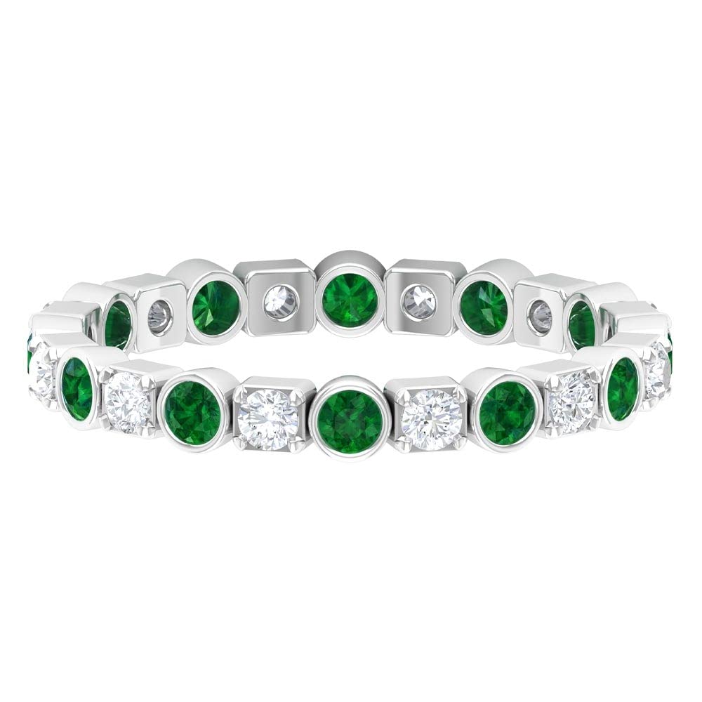 1 CT Round Cut Emerald and Diamond Eternity Ring - 14K Solid Gold Wedding Band for Women - Perfect for Anniversaries, Engagements & Special Occasions