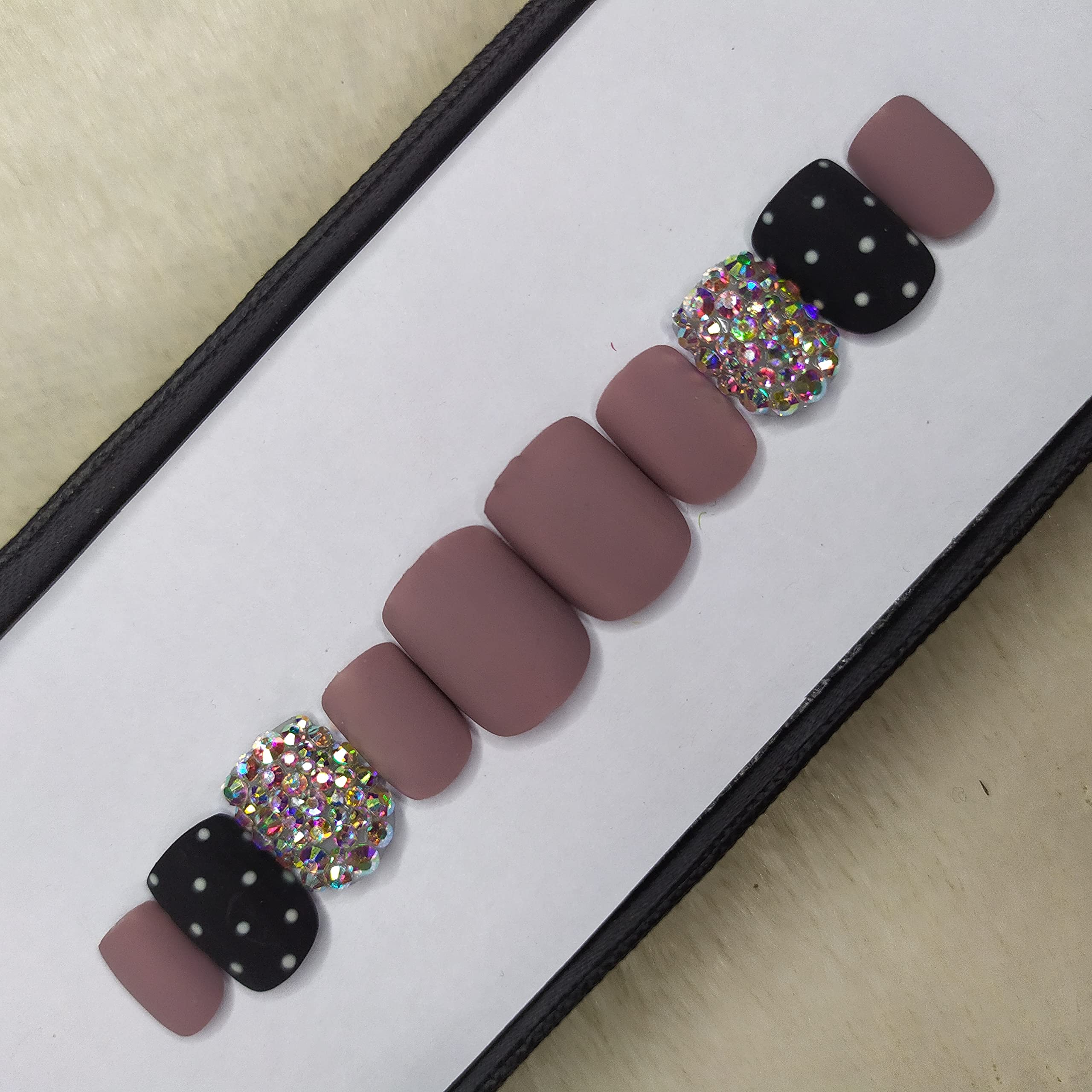 Matte Mauve Press On Nails with White Dots & Studs - Square Fake Nails Set of 12 with Full Application Kit | Perfect for Parties, Weddings & Special Occasions