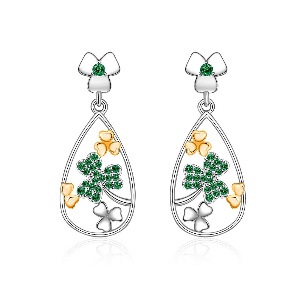 St. Patrick's Day Shamrock Earrings for Women - Sterling Silver Four Leaf Clover Dangle Earrings, Irish Lucky Green Clover Jewelry Gift for Her - Perfect for St. Patrick's Day Parties, Irish Weddings & Everyday Luck