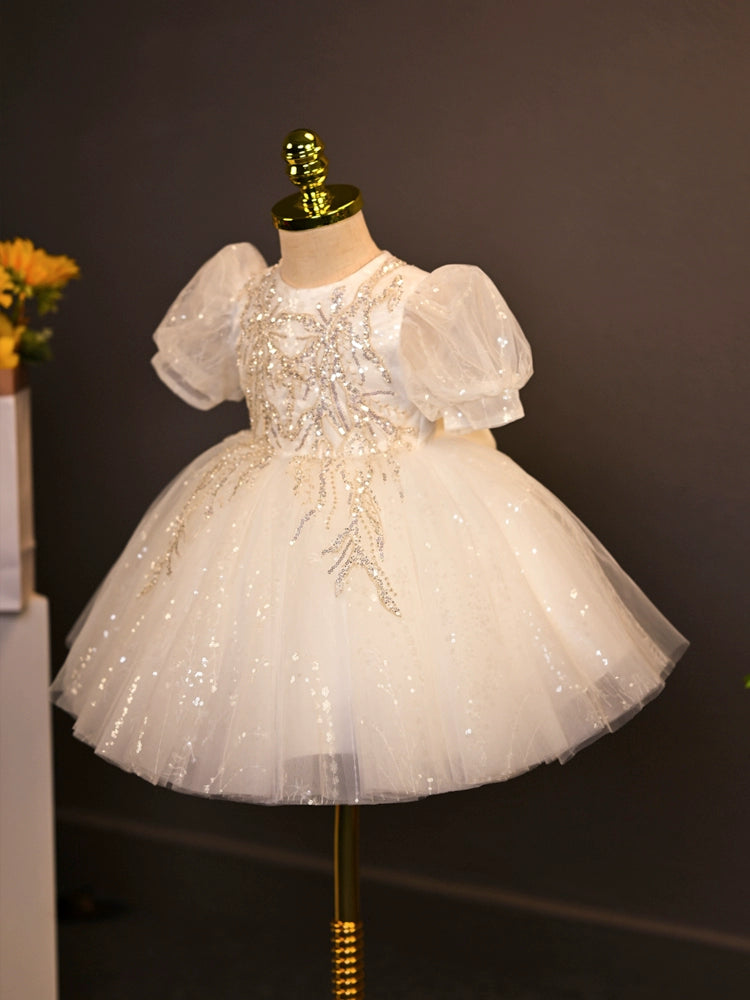 White Princess Round Tea Length Tulle Flower Girl Dress - Perfect for Weddings, Birthday Parties & Special Occasions