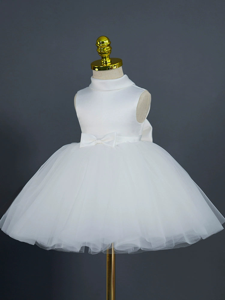 Princess Mock Neck Tea Length Satin Flower Girl Dress in White - Perfect for Weddings, Pageants & Special Occasions