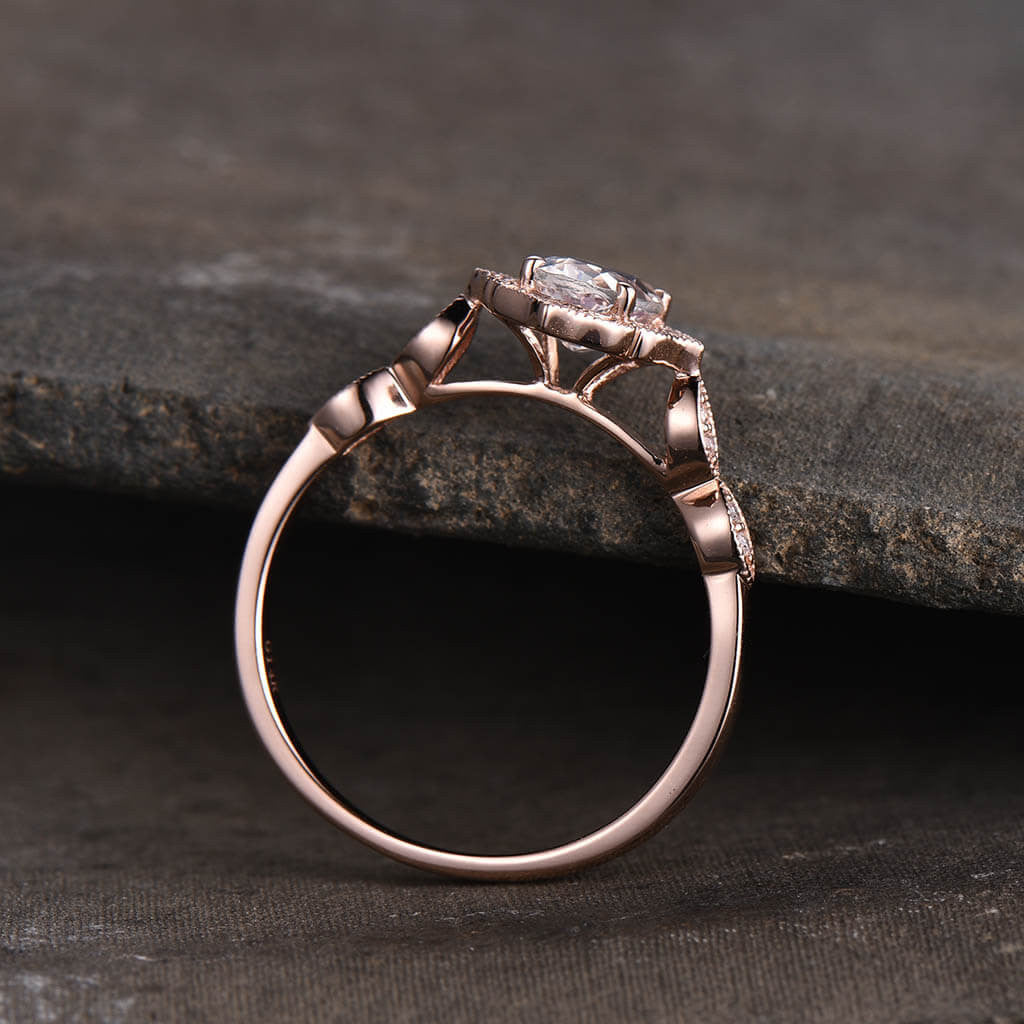 Vintage Moonstone Halo Engagement Ring - Rose Gold Milgrain Faceted June Birthstone Jewelry for Wedding, Proposal & Anniversary Gifts