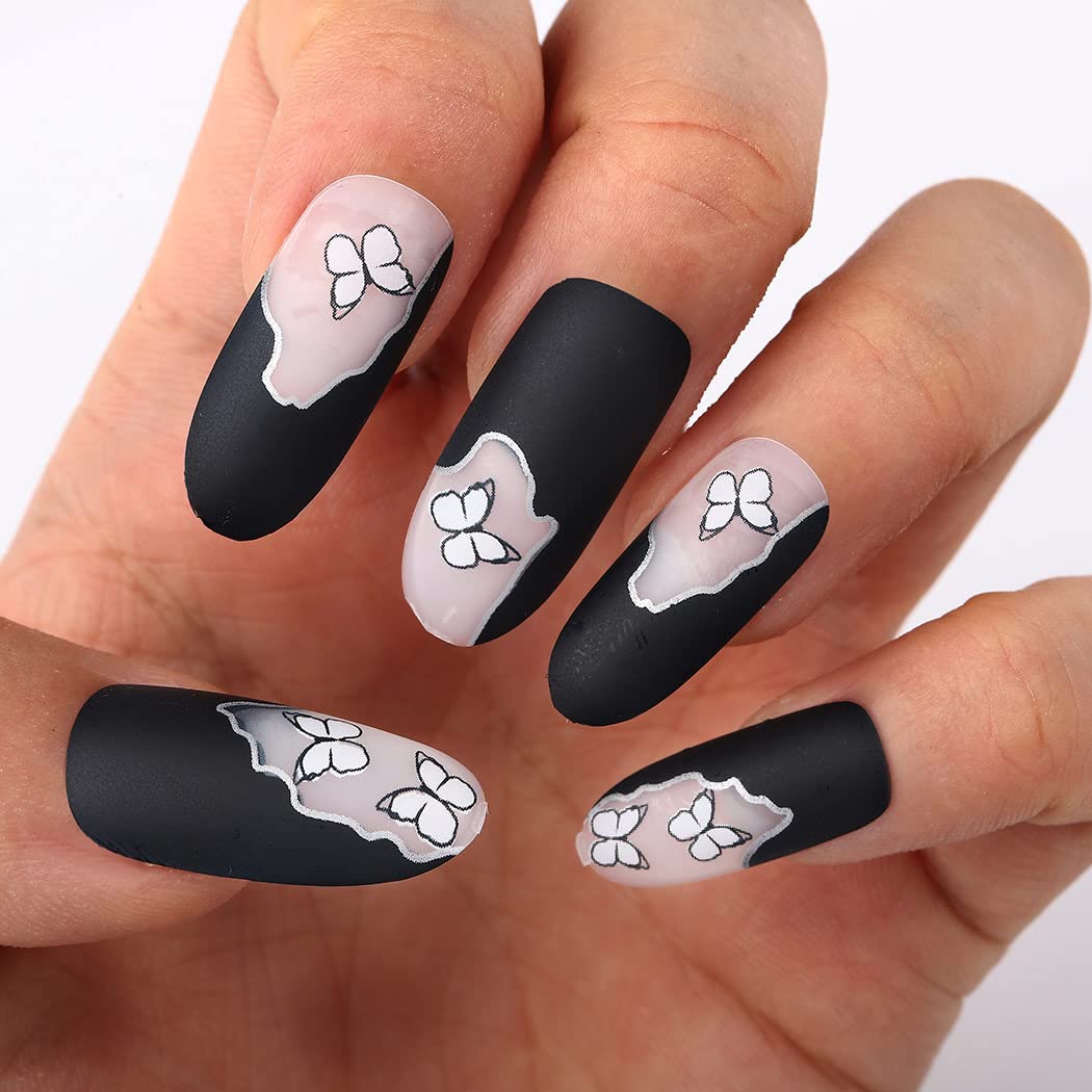 24PCS Black Matte Press On Nails Long Oval Fake Nails with Butterfly French Design - Full Cover Acrylic Nail Tips for Women & Girls | Perfect for Parties, Weddings & Daily Manicure
