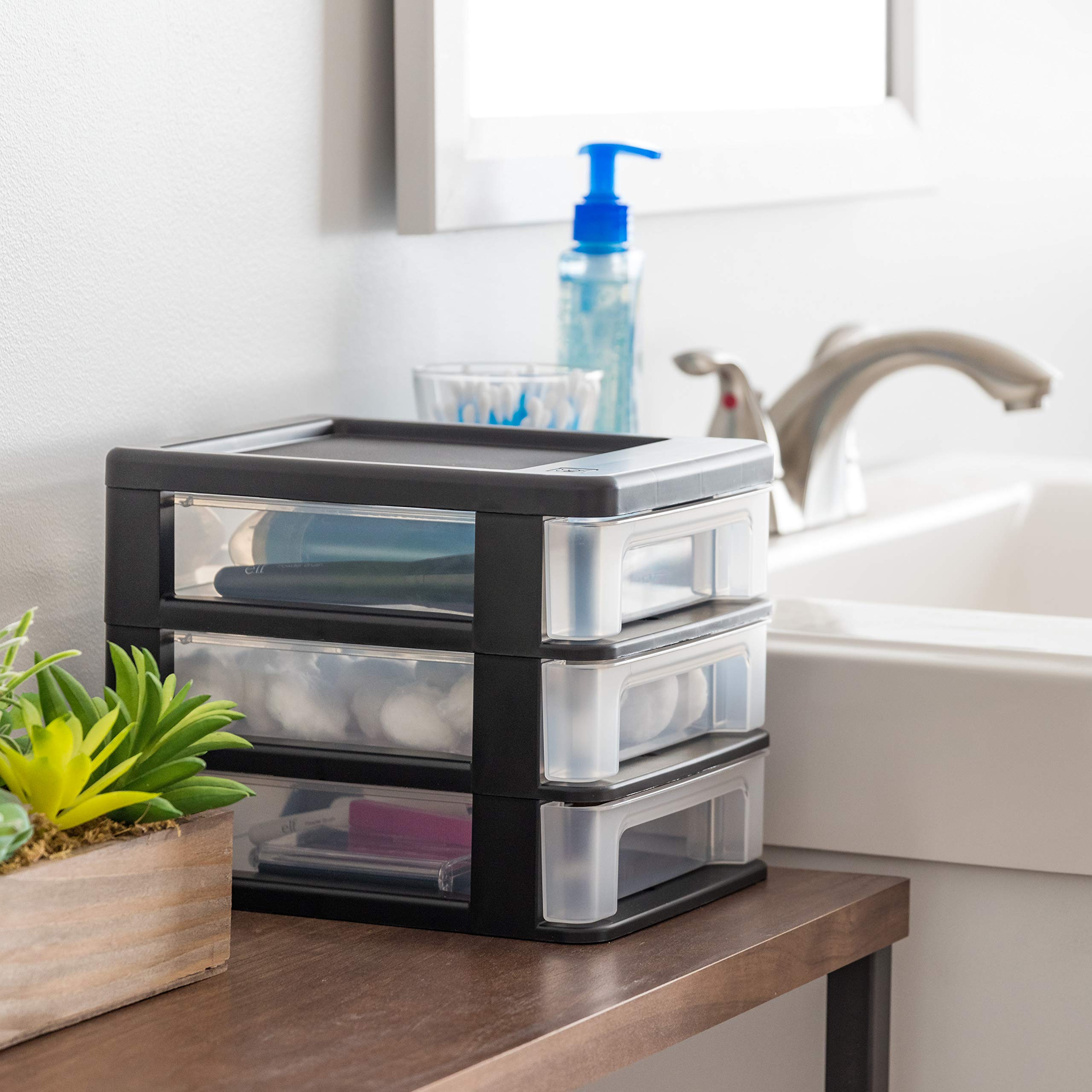 IRIS USA 3-Drawer Plastic Stacking Storage Organizer, 4-Pack - Black Small Desk Organizer for Makeup, Nail Polish, Stationery, Craft Supplies | Perfect for Bathroom, Office, Kitchen & Garage Organization