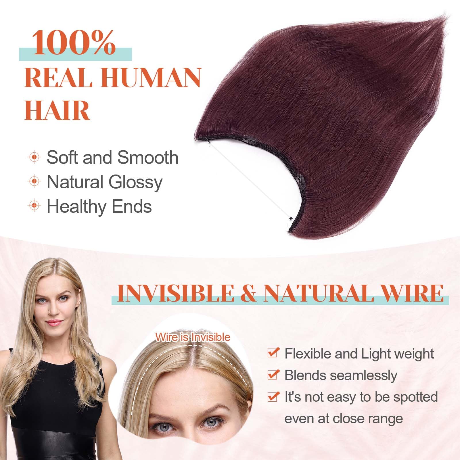 Benehair Halo Hair Extensions 18 Inch - 100% Remy Human Hair with Invisible Wire for Volume & Length - #99J Wine Red - Perfect for Weddings, Parties & Everyday Styling