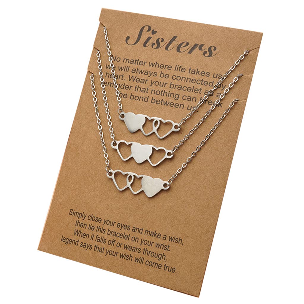 QUQUTWO 3-Piece Heart Necklace Set for Sisters & Best Friends - Stainless Steel Matching Jewelry Gift for Women (Silver) | Perfect for Birthdays, Anniversaries & Friendship Day Gifts