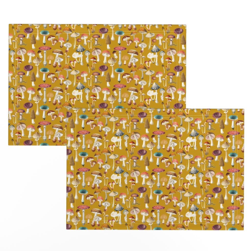 Spoonflower Linen Cotton Canvas Placemats Set of 2 - Mushroom Mustard Small Woodland Mushrooms Forest Vintage Style Printed Table Mats for Dining, Kitchen Decor, and Rustic Home Accessories