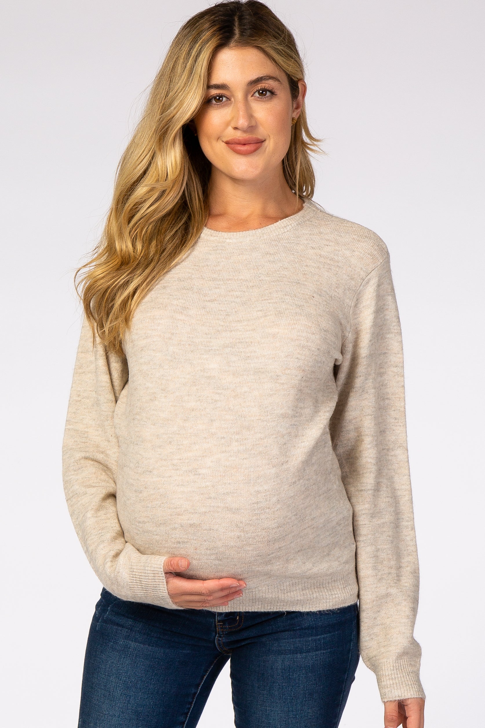 Soft Beige Brushed Knit Maternity Sweater for Pregnant Women - Cozy Winter Pullover for Nursing Mothers | Perfect for Office, Casual Outings & Maternity Photos