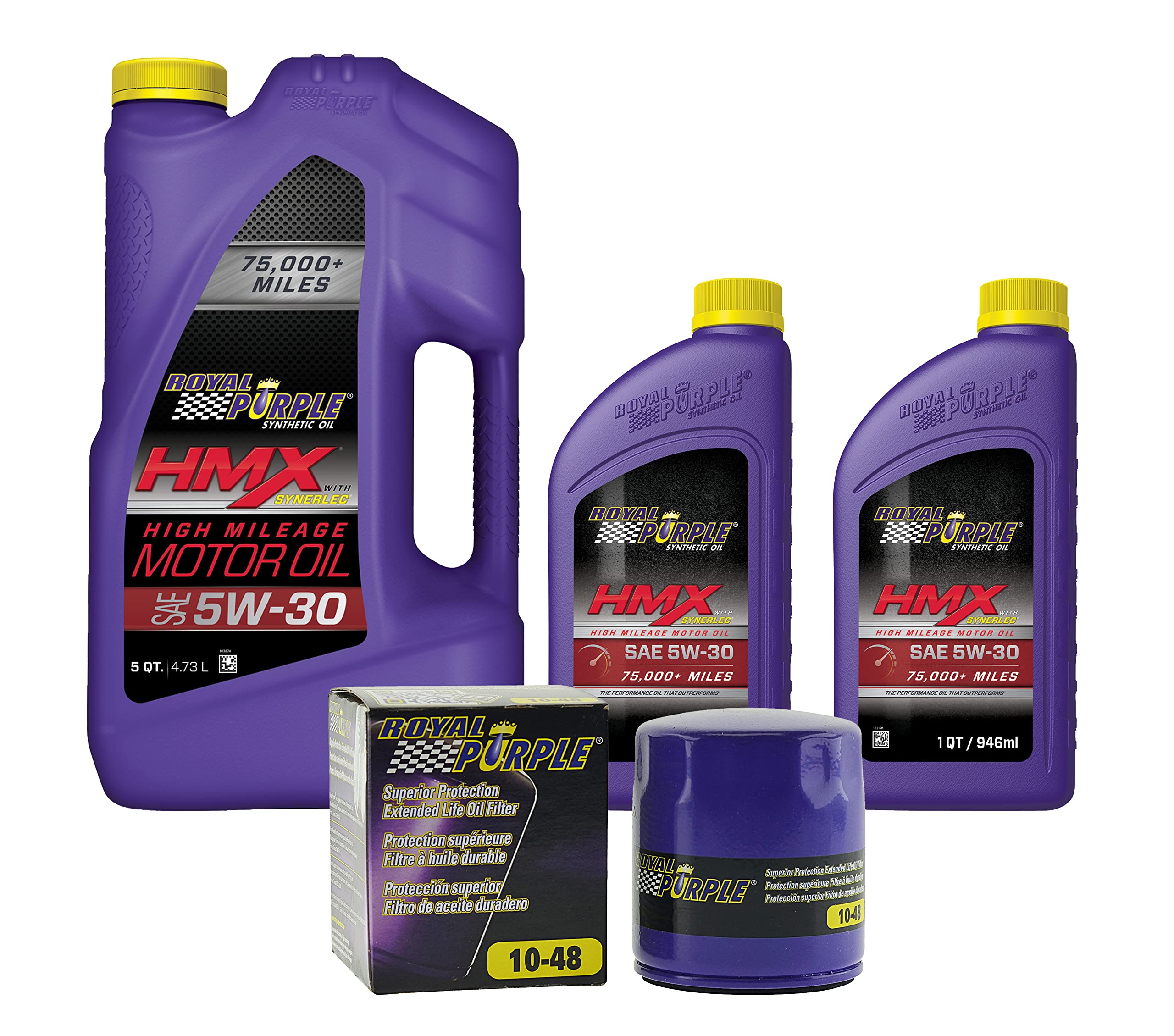 Royal Purple HMX® 5W-30 Full Synthetic High Mileage Motor Oil - 7 Quart Bottle with Extended Life Premium Oil Filter (10-48) - Perfect for Older Vehicles & High-Mileage Engine Protection