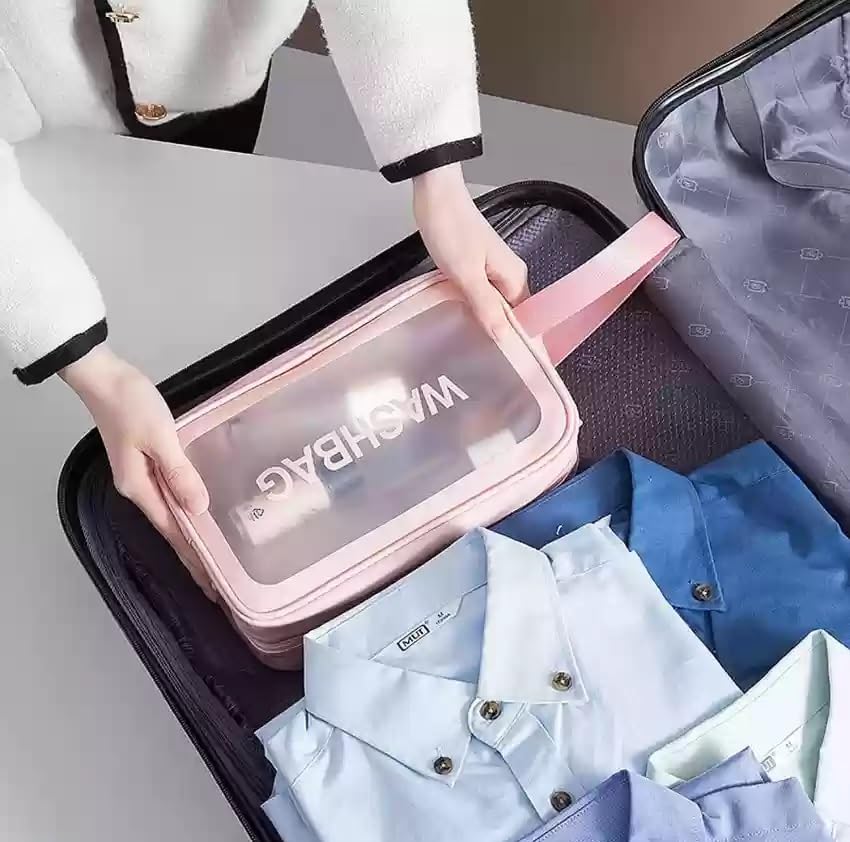 STRIPES® Essentials Clear Travel Toiletry Bag for Women - Waterproof Cosmetic Organizer with Zipper Closure | Makeup Storage Pouch | Perfect for Travel, Gym, and Daily Use - Pink (XJ6017_M)