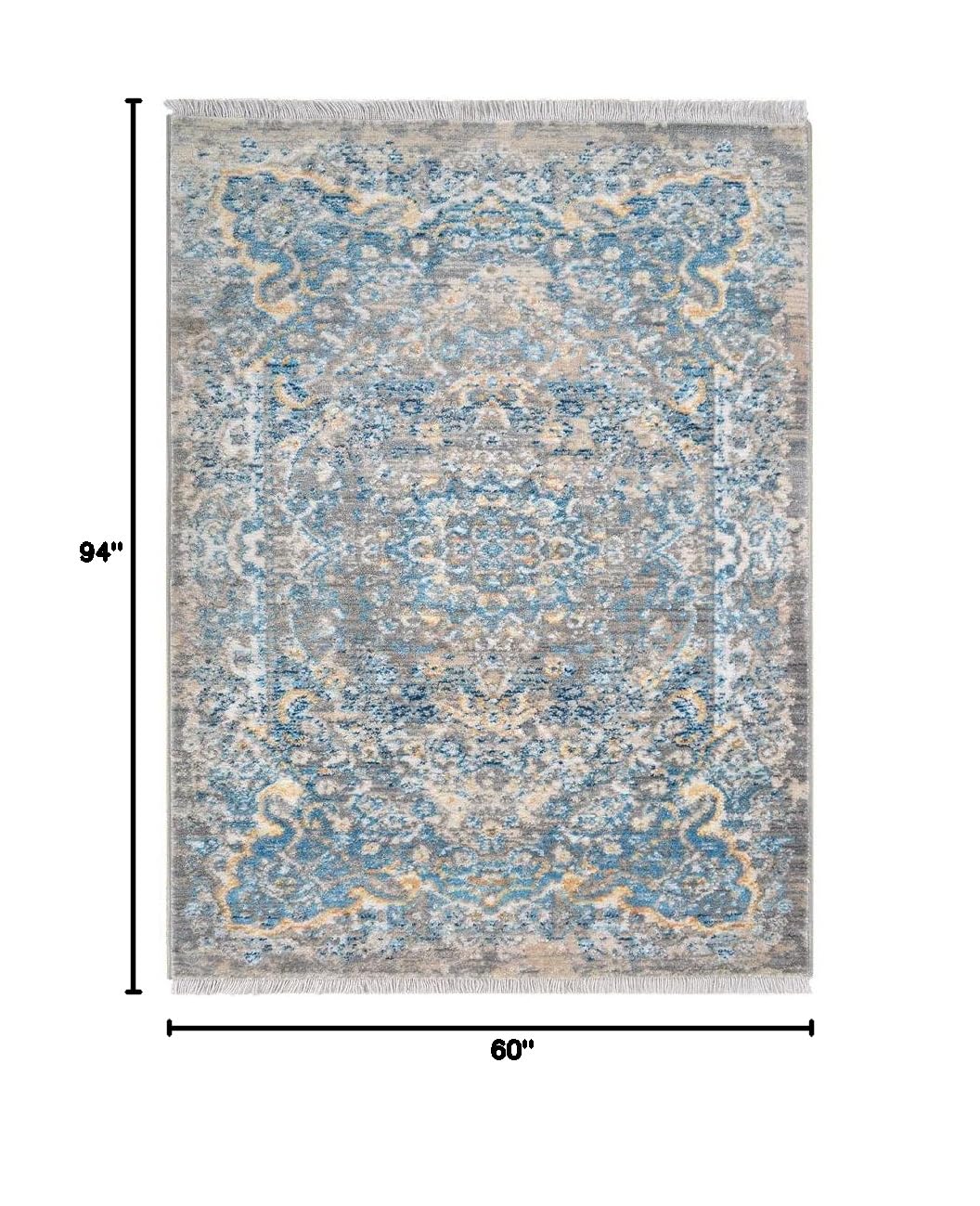 Machine Made Polyester Area Rugs 5'x7'10'' - Gray Blue Oriental Traditional Design Low Pile Carpet for Living Room, Bedroom & Office (M00100)