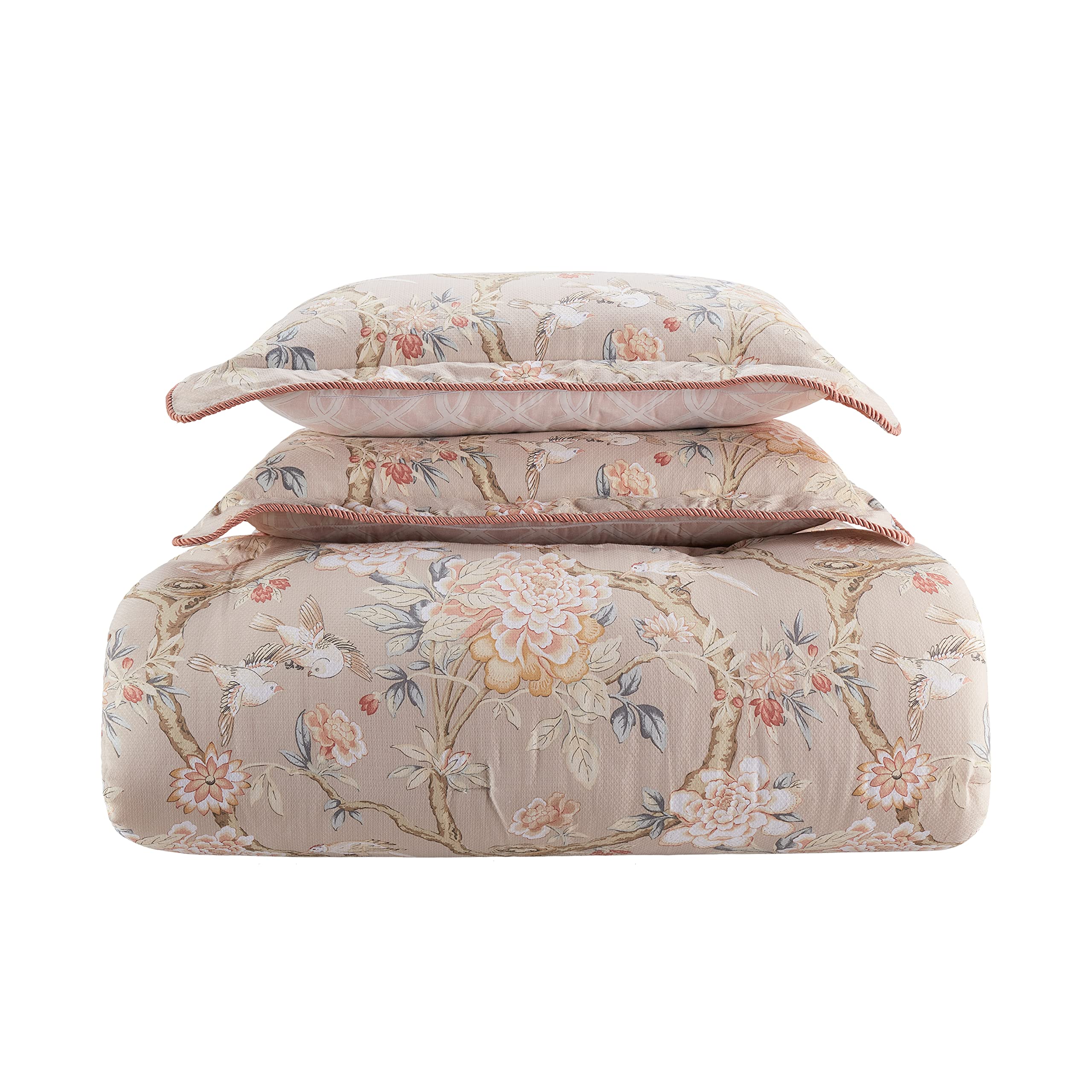 Waverly Peony Gardens 4-Piece King Cotton Comforter Set - All Season Embellished Bedding with Comforter, Bed Skirt & 2 Pillow Shams - Machine Washable Taupe - Perfect for Master Bedroom, Guest Room & Luxury Hotel Decor
