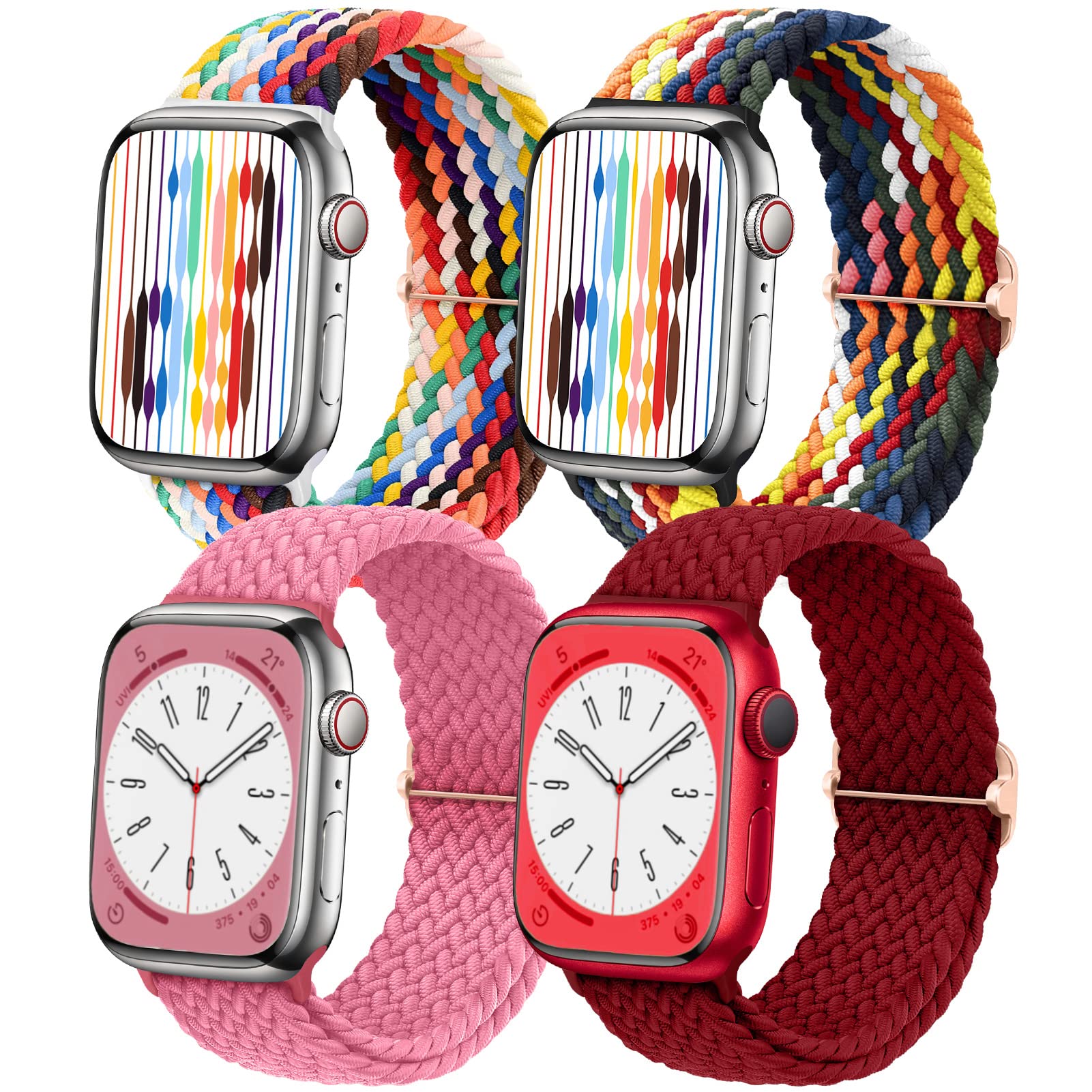 Braided Solo Loop Stretch Band for Apple Watch Series Ultra/8/7/SE/6/5/4/3/2/1 - Soft Nylon Sport Strap Compatible with 38mm/40mm/41mm/42mm/44mm/45mm/49mm - 4 Pack for Men & Women - Perfect for Workouts, Running & Everyday Wear