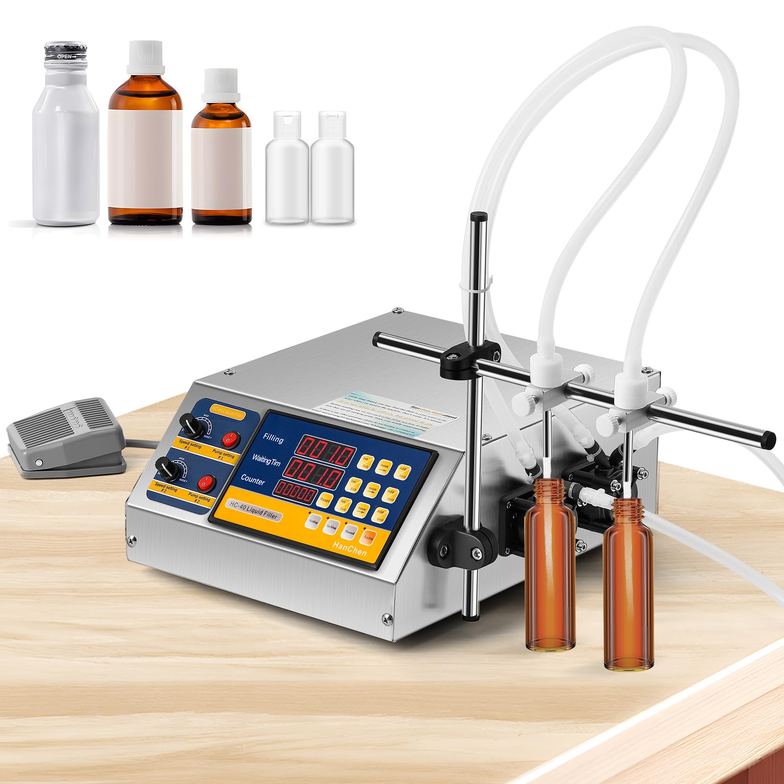 Hanchen 5 Oz Automatic Liquid Filling Machine with Digital Control - 2 Head Peristaltic Pump Bottle Filler for Cosmetic Oil, Perfume, Water & Juice - Perfect for Small Business, Home DIY & Essential Oil Bottling