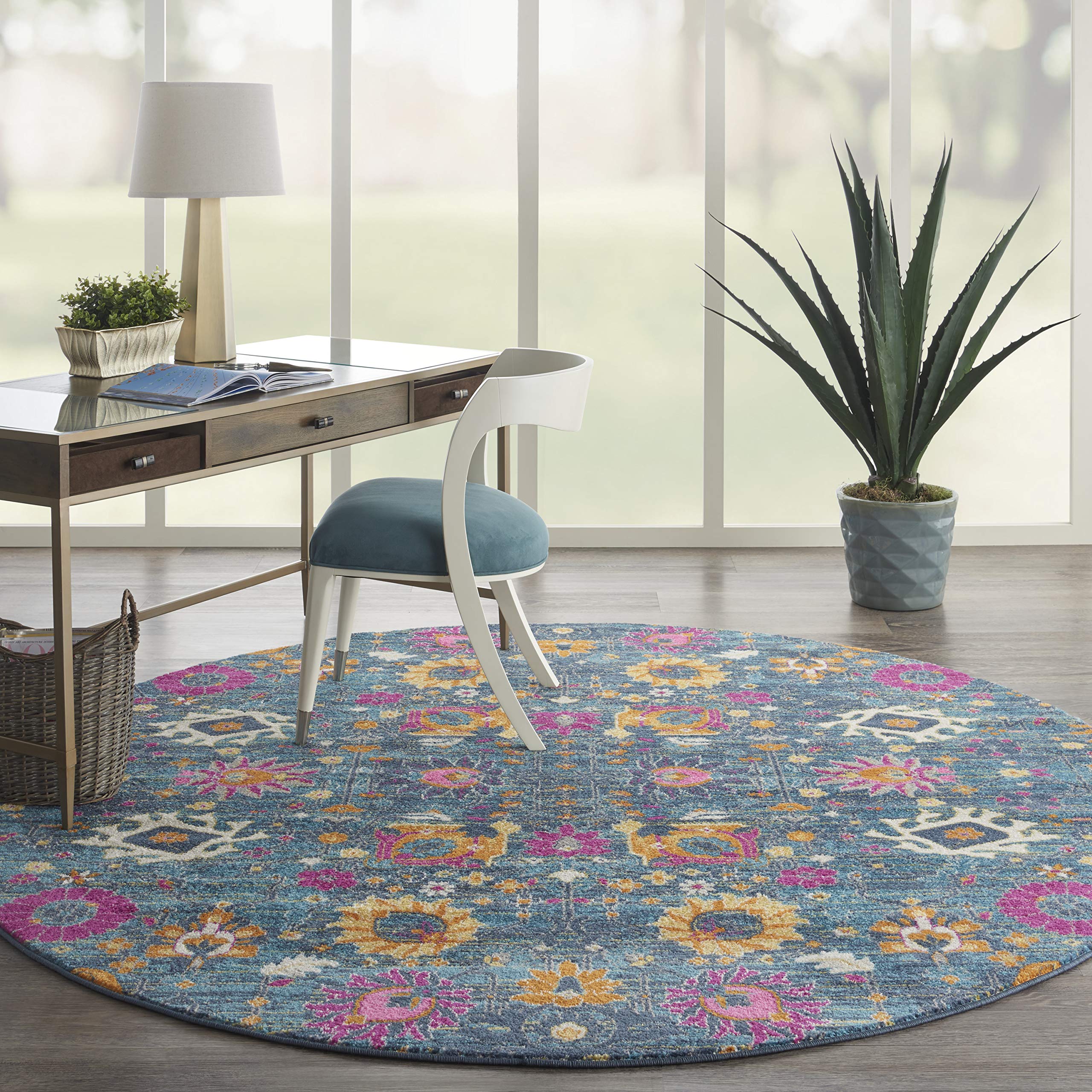 Nourison Passion Denim 8' Round Boho Moroccan Area Rug - Non-Shedding & Easy Cleaning for Bedroom, Living Room, Dining Room & Kitchen | Perfect for Bohemian & Modern Home Decor