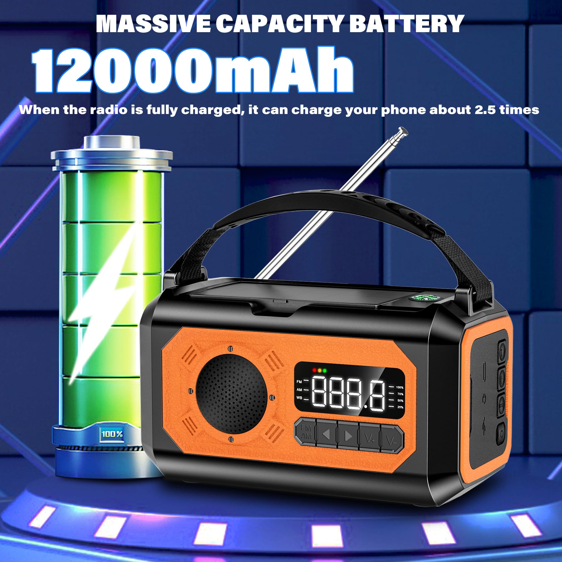 12000mAh Solar Hand Crank Emergency Weather Radio - AM/FM/NOAA Portable Radio with Flashlight, Reading Lamp, SOS Alarm, Compass & Power Bank for Outdoor Camping, Hiking, Survival & Emergency Preparedness