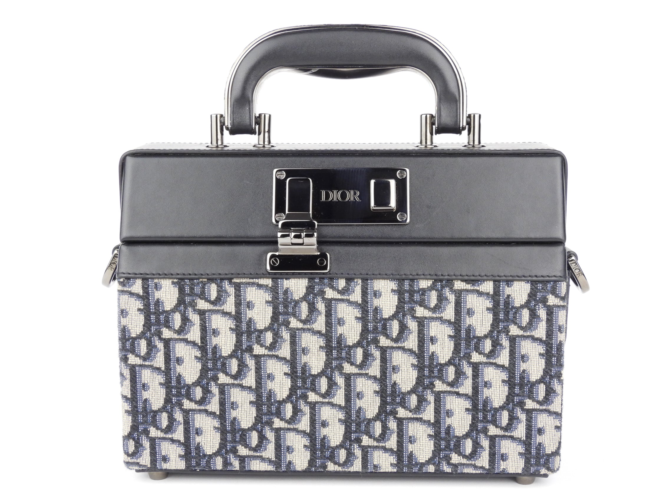 Christian Dior Oblique Monogram Black Leather Two-Way Hard Case Lock Handle Bag - Luxury Travel & Everyday Elegance