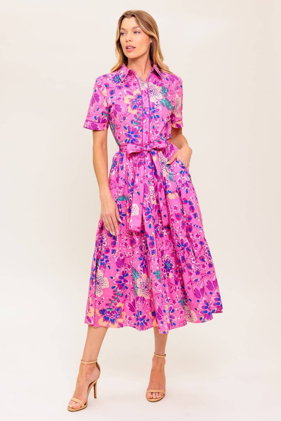 Pink & Purple Floral Midi Dress for Women - Elegant Petal Press Design - Perfect for Spring, Summer, Weddings & Special Occasions