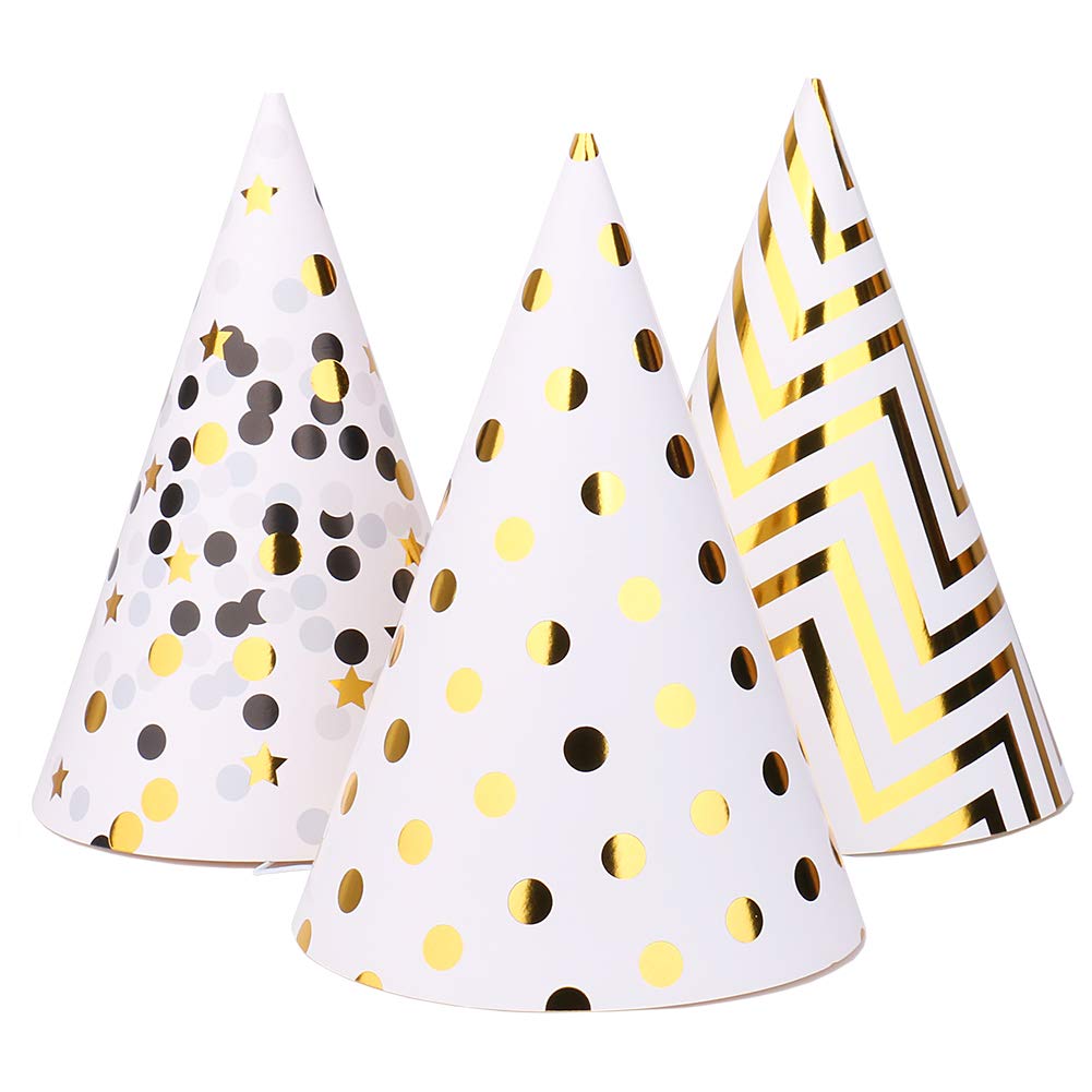 Boieo 12-Pack Gold Polka Dot Striped Birthday Party Hats for Adults & Kids - Fun Cone Hats for Birthday Celebrations, Baby Showers, and Festive Events