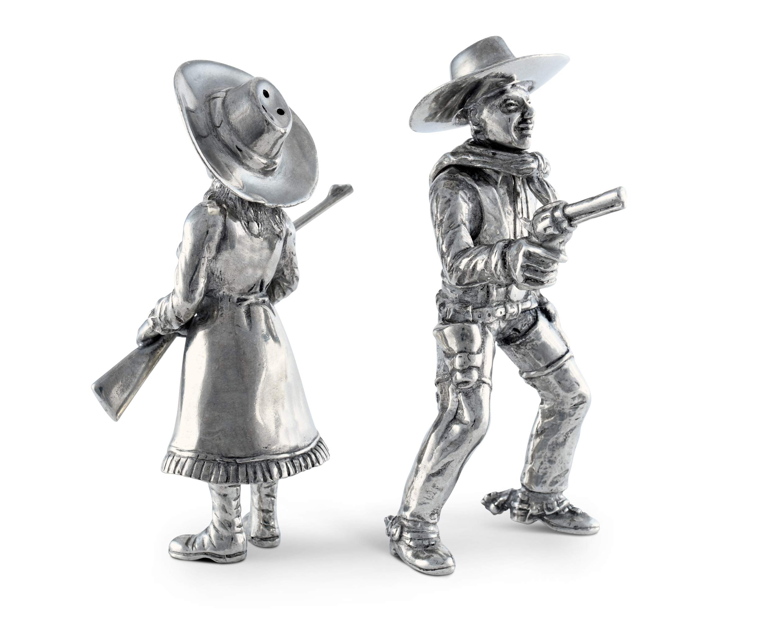 Vagabond House Pewter Cowboy & Cowgirl Salt and Pepper Shaker Set - 5 Inch Tall Western-Themed Kitchen Decor for Ranch, BBQ, and Country Style Dining