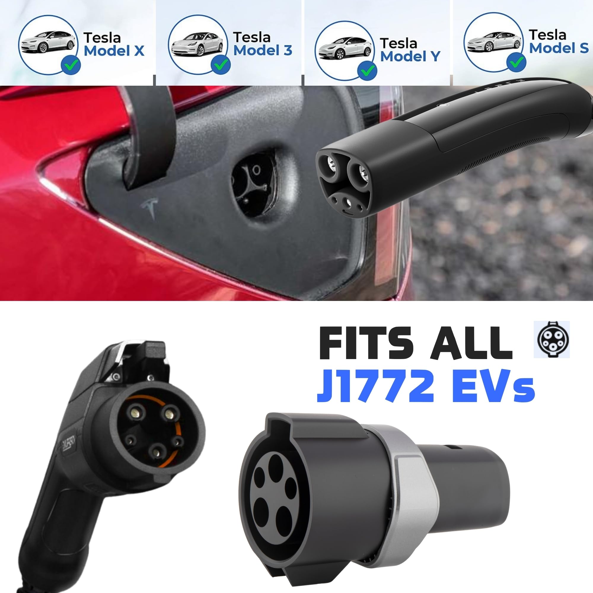 SAE J1772 to Tesla Charging Adapter - 80A 240V Fast Charger for Tesla Model 3/Y/S/X (Safety Certified) | Compatible with All J1772 EV Stations | Home & Public Charging Solution for Tesla Owners