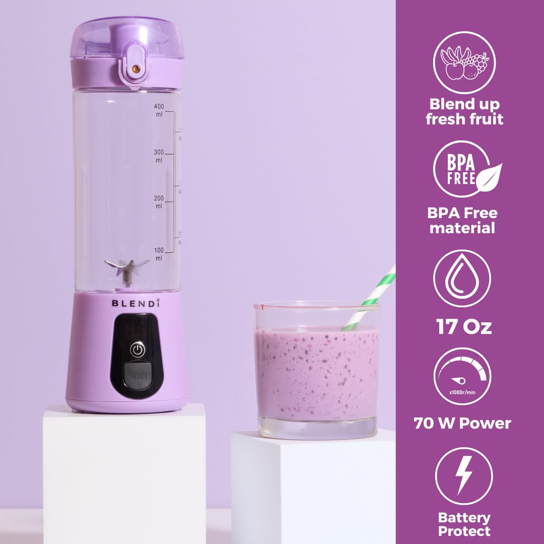 BLENDi Lite Portable Blender 17oz - USB Rechargeable 70W Motor for Smoothies, Protein Shakes, Juices & Meal Prep - Compact Travel Blender, BPA-Free, Quiet Operation - Perfect for Gym, Office, Camping & Travel (Purple)