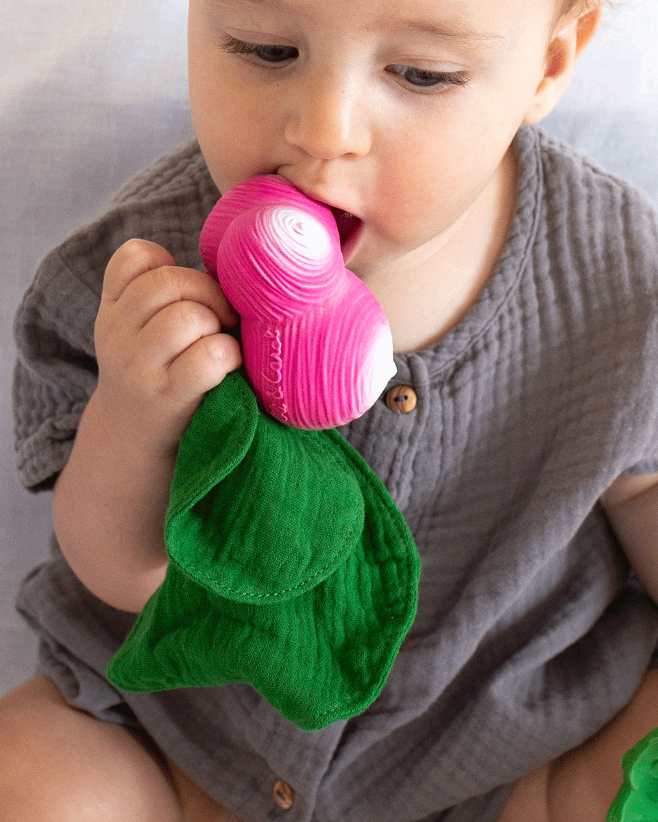 Organic Ramona The Radish Mini Doudou Baby Teether by Oli & Carol - Natural Rubber Pacifier & Chew Toy for Teething Infants - Perfect for Soothing Sore Gums & Sensory Play
