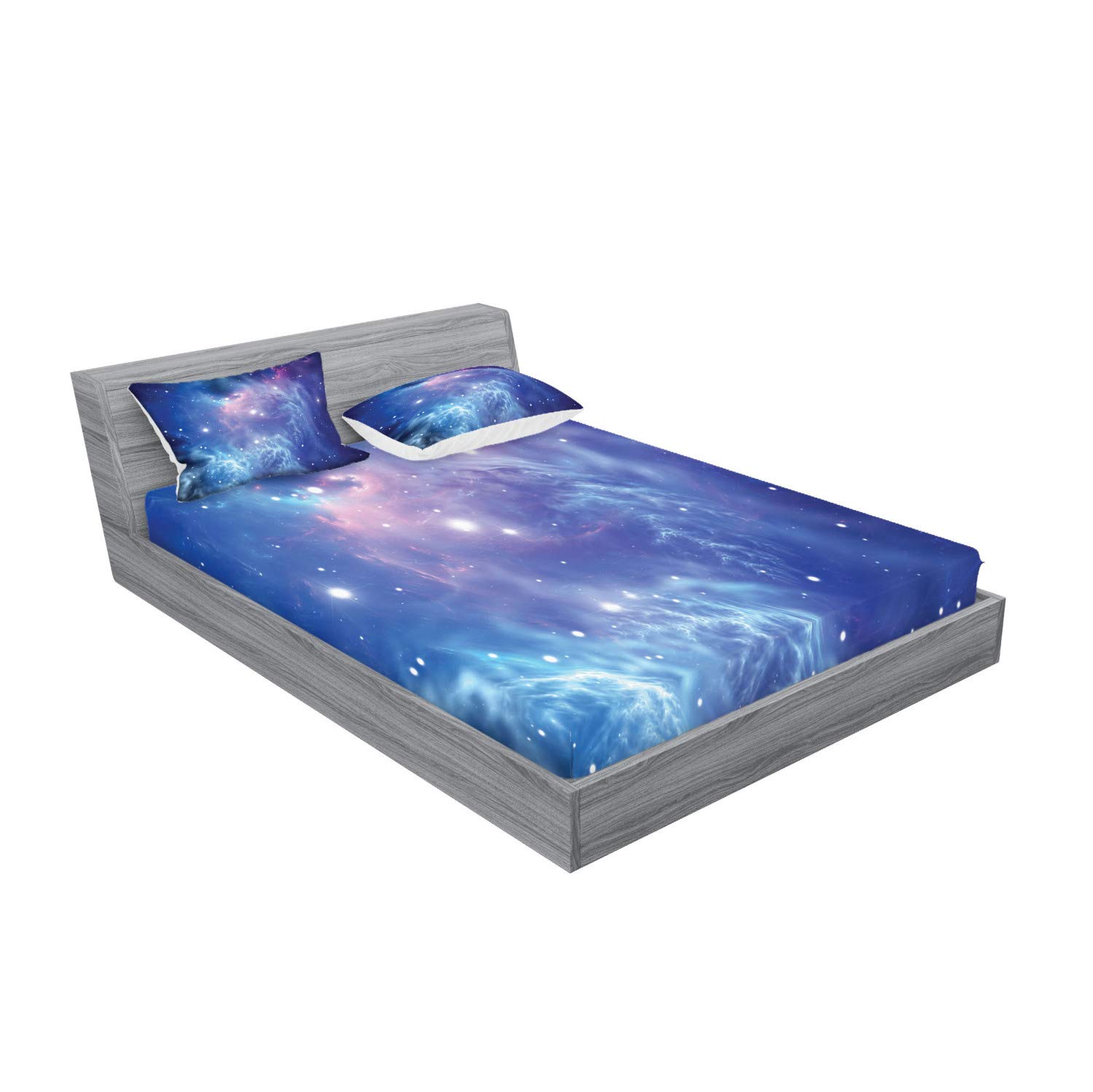 **Ambesonne Outer Space Fitted Sheet & Pillow Sham Set - Galaxy Nebula Star Clusters Astronomy Art - 3-Piece Printed Bedding Decor in Purple Navy - Perfect for Sci-Fi Themed Bedrooms & Astronomy Lovers**
