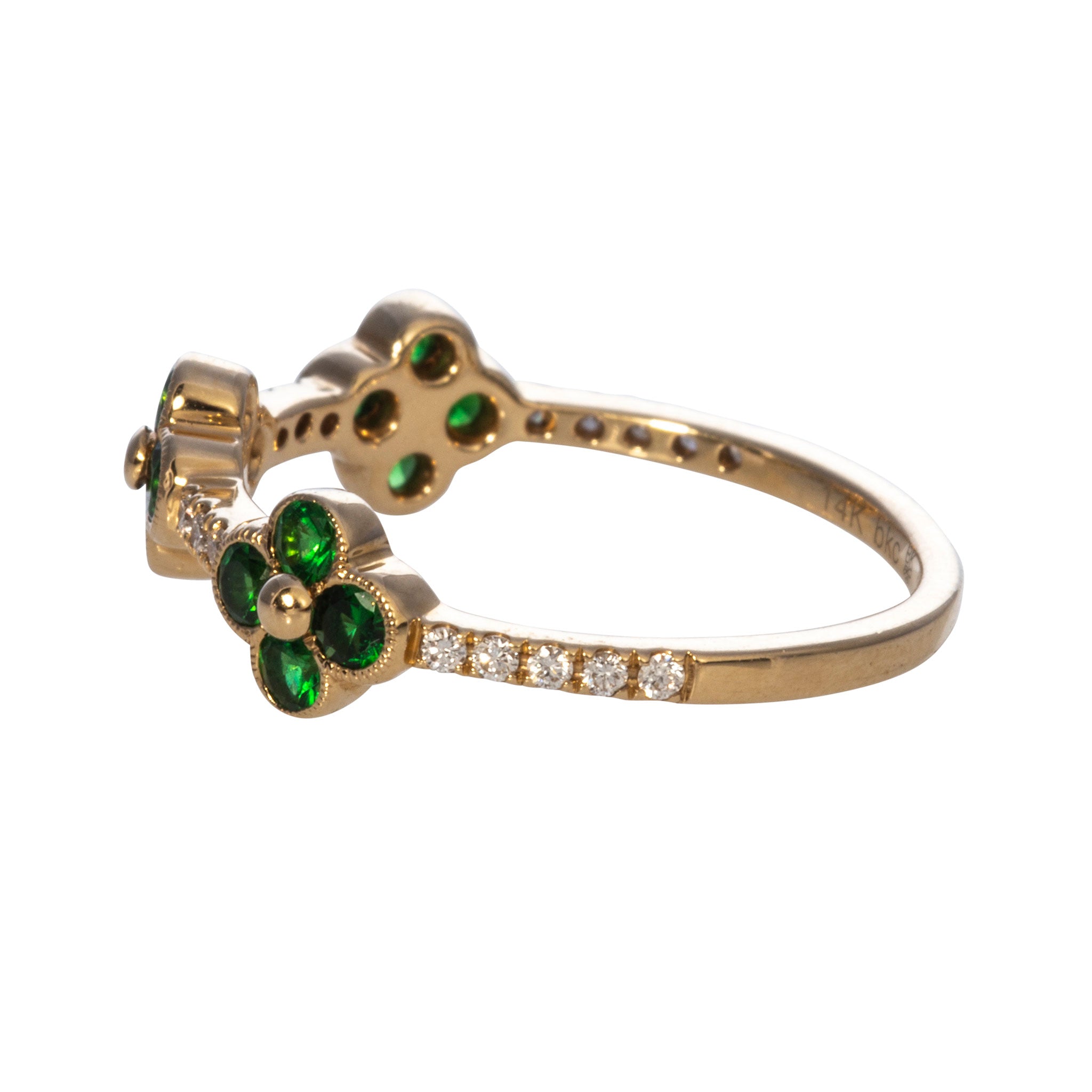 14K Yellow Gold Tsavorite Garnet & Diamond Clover Halfway Ring - Elegant Jewelry for Women, Perfect for Anniversary Gifts, Valentine's Day & Special Occasions