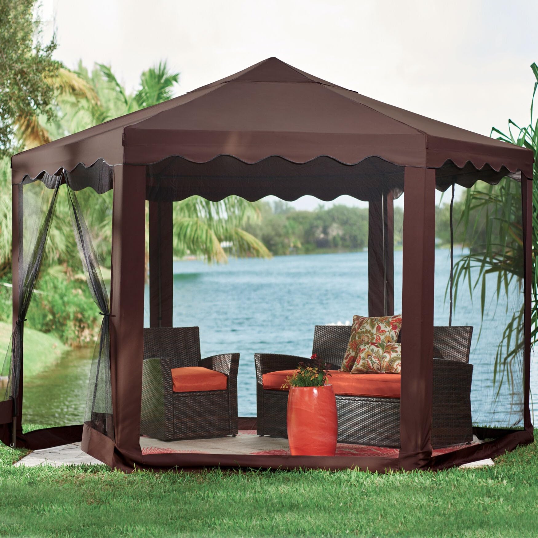 BrylaneHome 13' Hexagon Gazebo with Canopy - Weather-Resistant Outdoor Patio Cover for Backyard, Garden, and Poolside Relaxation (Chocolate Brown)