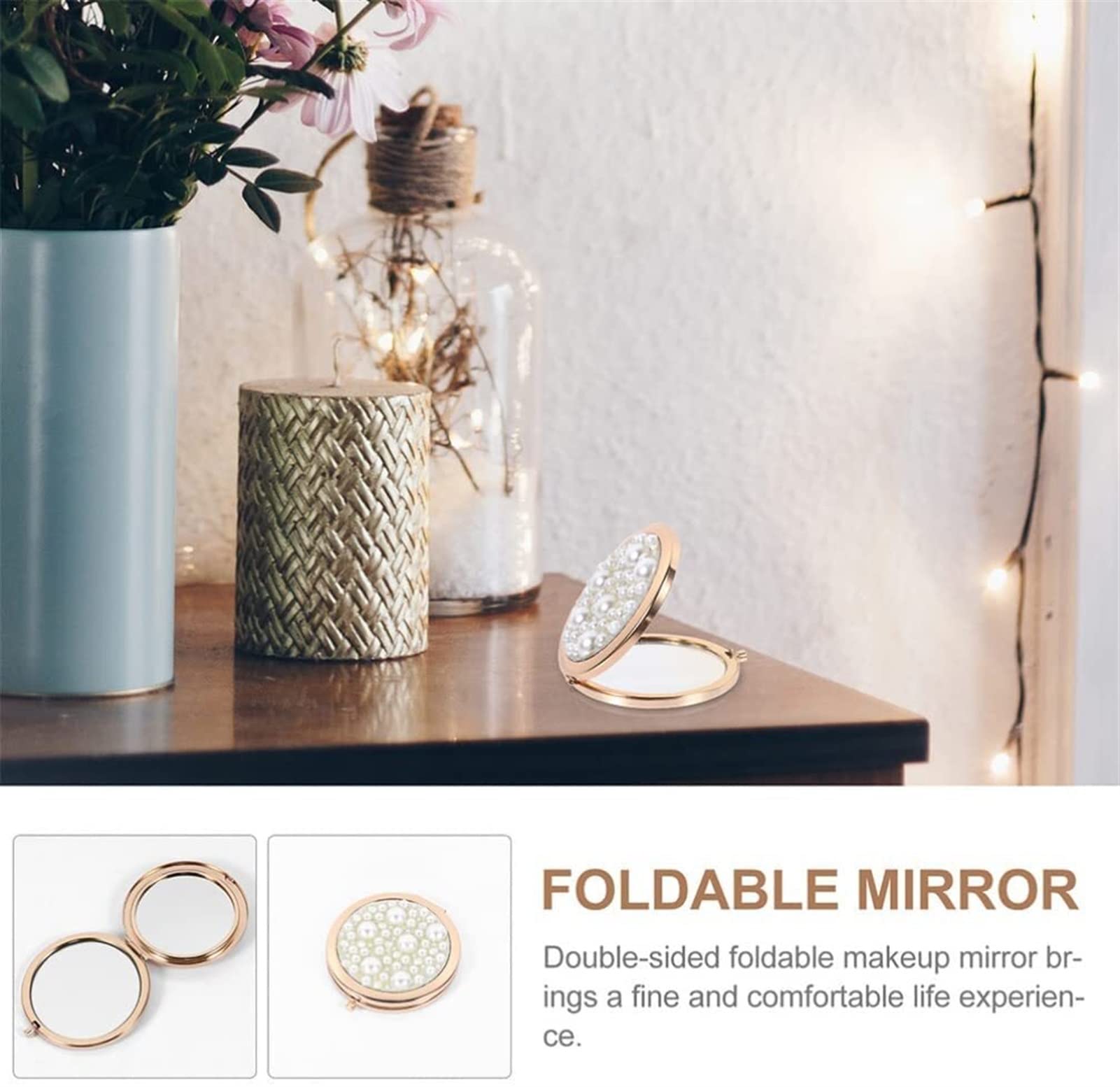 Portable Folding Compact Mirror - Dual-Sided Travel Makeup Mirror with Pearl Design, 2 Pack Handheld Cosmetic Mirror for Handbag & Pocket | Perfect for Travel, Home, and On-the-Go Touchups