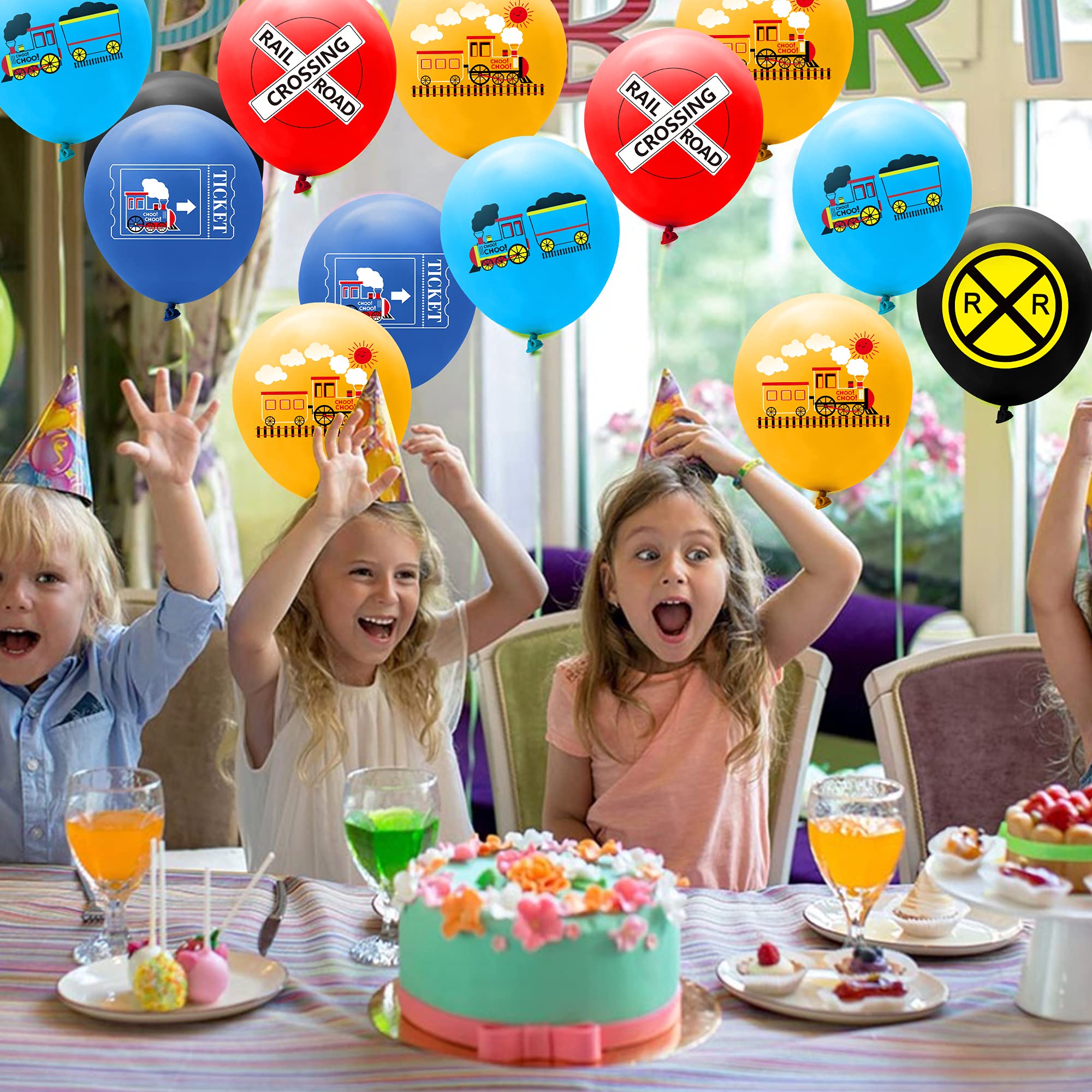 PANTIDE 52 Pcs Railroad Crossing Train Balloons Set - 12 Inch Latex Balloons with Ribbon for Railway Theme Party Decorations - Perfect for Kids Birthday, Baby Shower, and Train-Themed Events