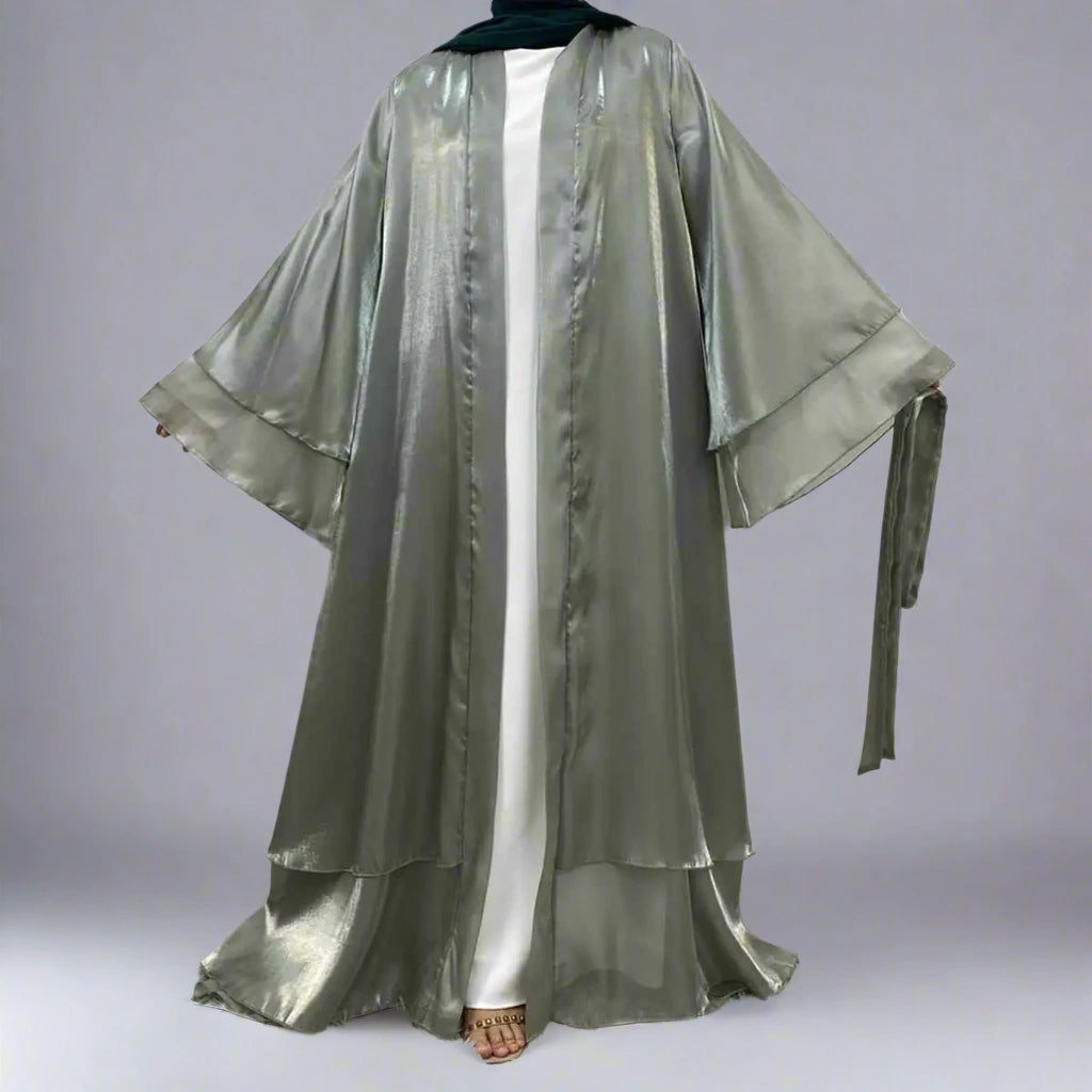 Elegant Double Layer Satin Open Abaya Dress for Women - Modest Muslim Prayer Dress for Mosque, Eid & Special Occasions