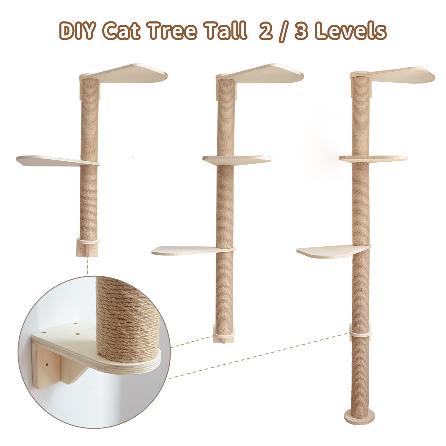 Adjustable Wooden Cat Tower Floor to Ceiling - 3-Tier Cat Tree with Natural Sisal Rope, Tall Cat Scratching Post for Climbing & Play - Perfect for Small Spaces & Multi-Cat Homes