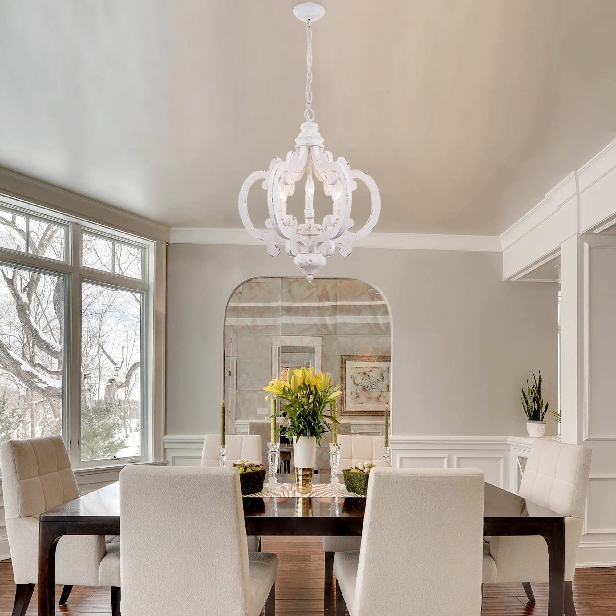 Rustic Farmhouse Chandelier - 6-Light White Wood Pendant Light with Adjustable Chain for Dining Room, Living Room, Entryway - Perfect for Country Style Home Decor & Cozy Gatherings