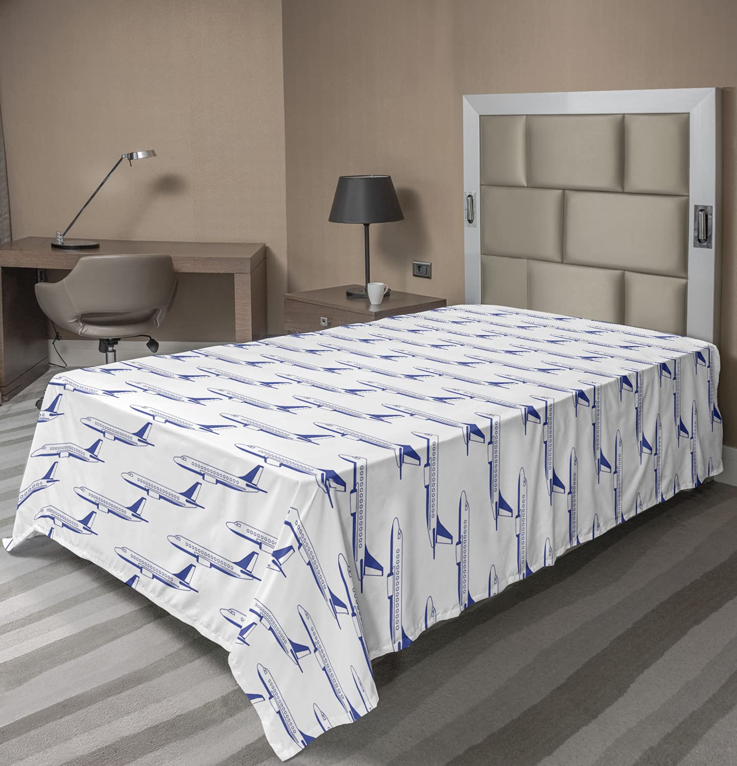 Ambesonne Airplane TwinXL Flat Sheet - Soft Comfortable Monochrome Aeroplane Aircraft Pattern for Travel & Pilot Theme - Violet Blue & White Decorative Bedding | Perfect for Kids Rooms, Dorm Decor & Aviation Enthusiasts