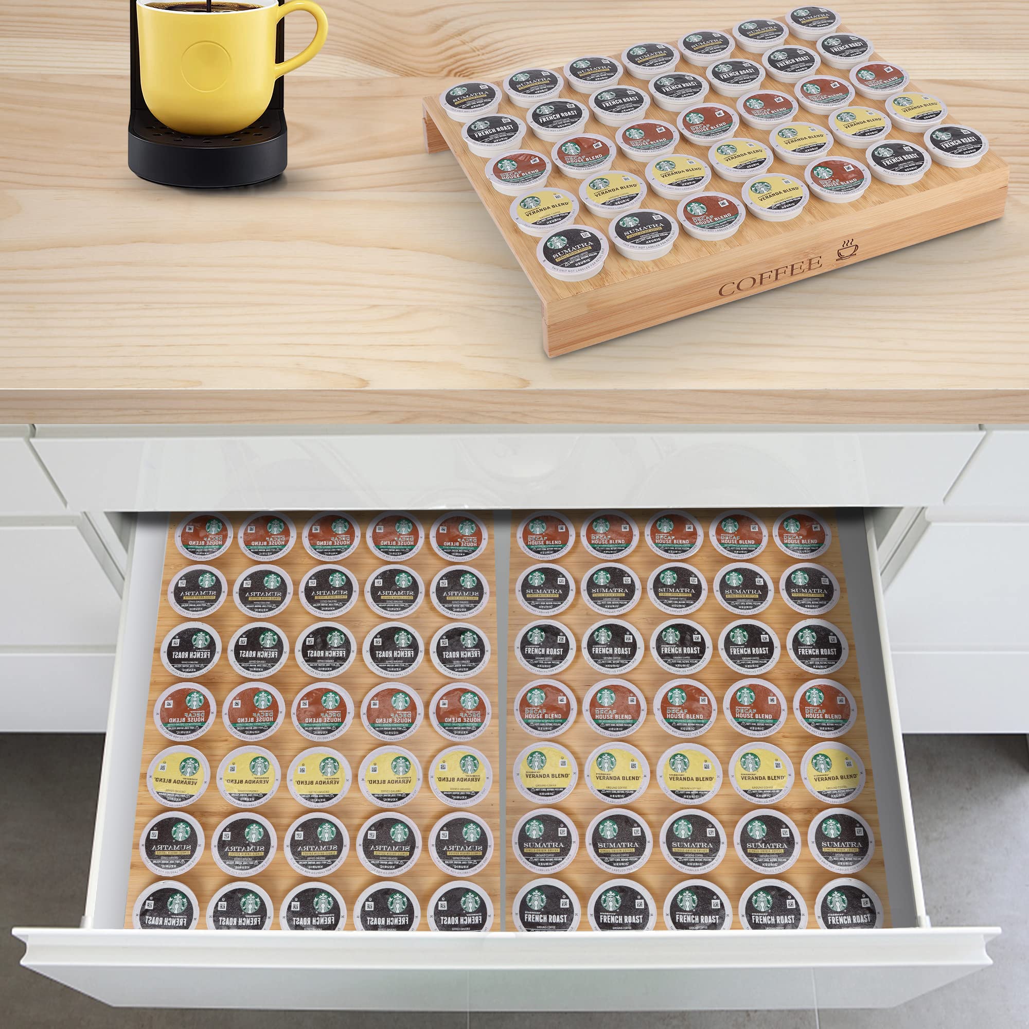 MinBoo Bamboo K-Cup Holder Drawer & Countertop Organizer - Holds 35 Coffee Pods - Compact K-Cup Storage for Coffee Station, Office & Kitchen - Perfect for Keurig Machine & Coffee Bar Organization