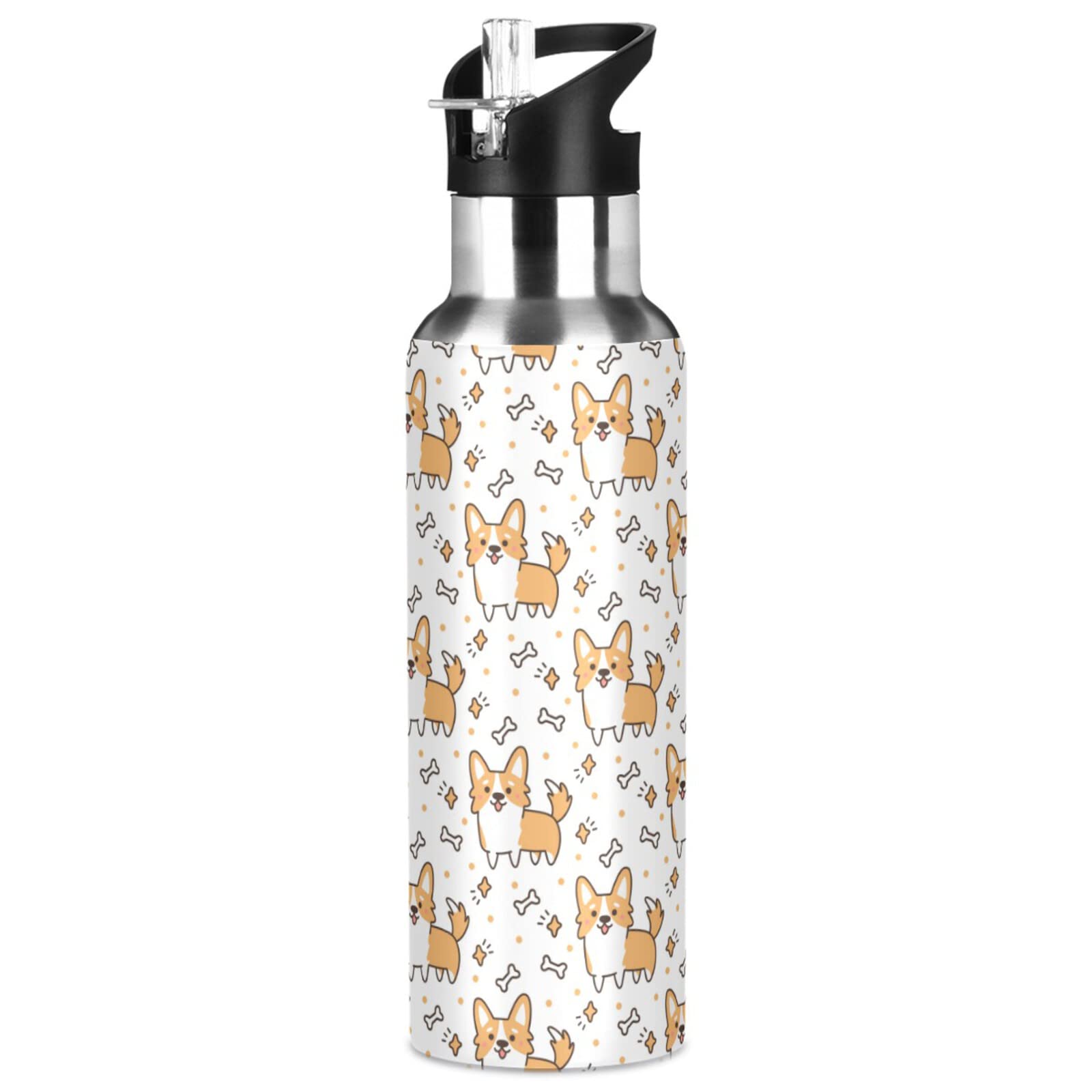 ALAZA Cute Welsh Corgi Dog Design Vacuum Insulated Stainless Steel Water Bottle with Straw Lid - 32oz Thermo Flask for Hiking, Gym & Office Use